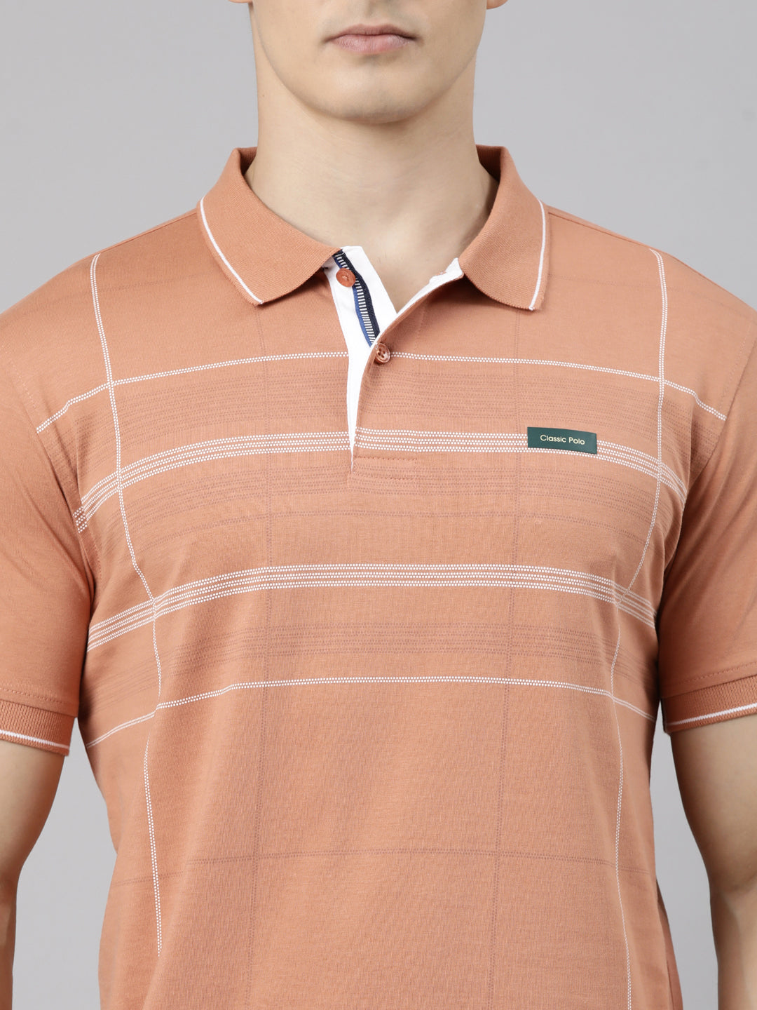 Classic Polo Men's Half Sleeve Peach Polo Neck Slim Fit Striped Cotton T-Shirt | FP - 22 B SF P