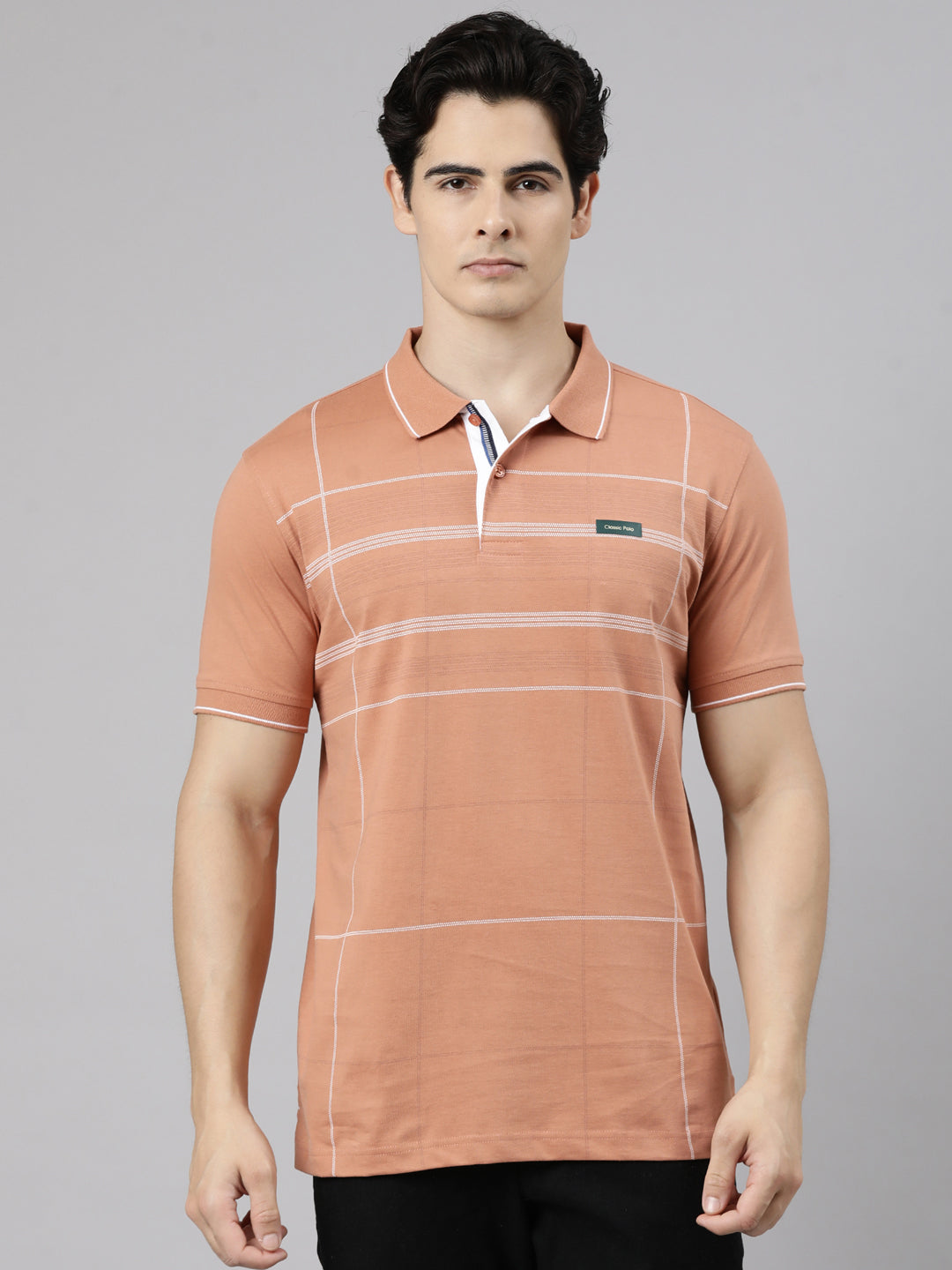 Classic Polo Men's Half Sleeve Peach Polo Neck Slim Fit Striped Cotton T-Shirt | FP - 22 B SF P