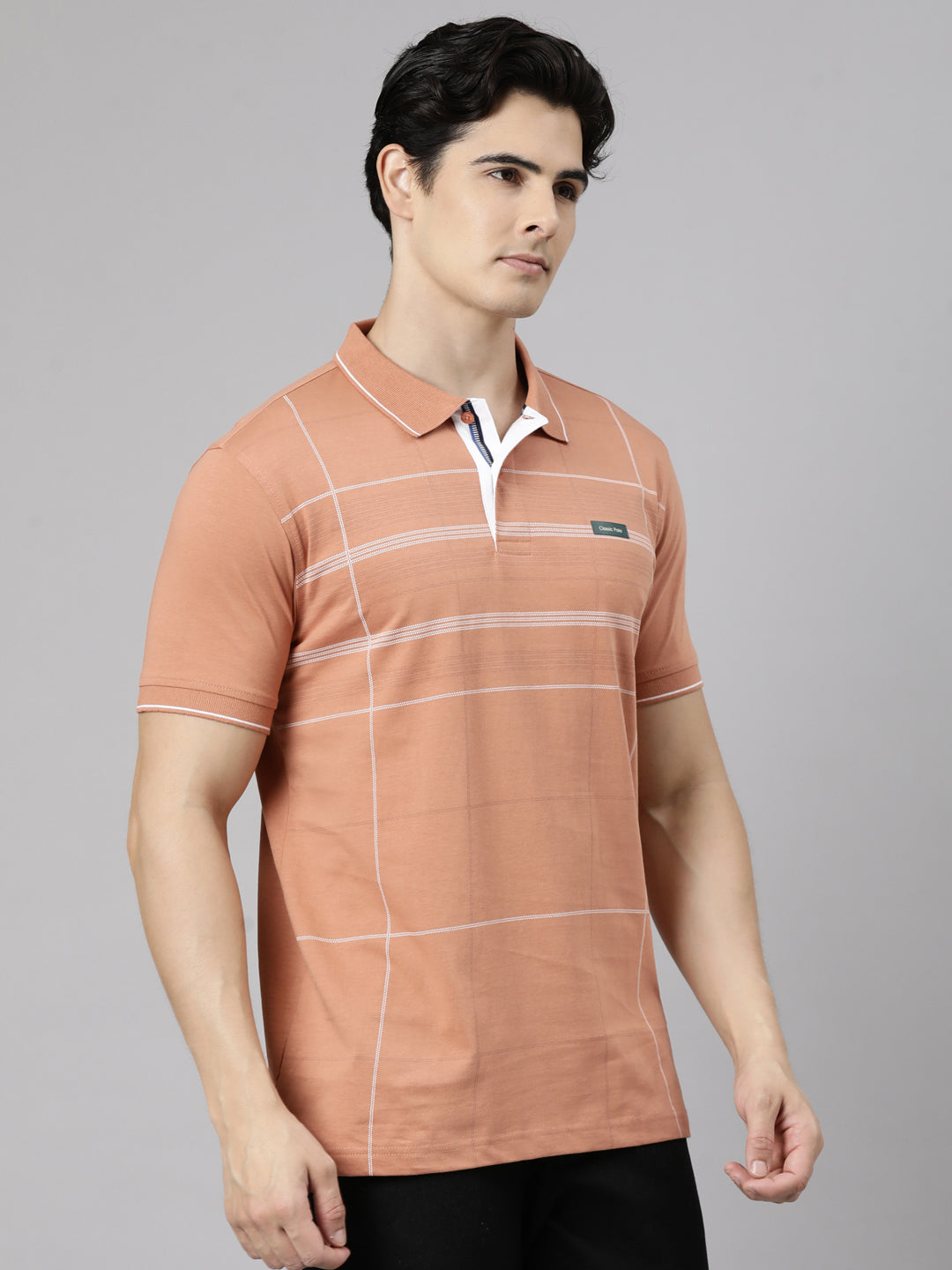 Classic Polo Men's Half Sleeve Peach Polo Neck Slim Fit Striped Cotton T-Shirt | FP - 22 B SF P