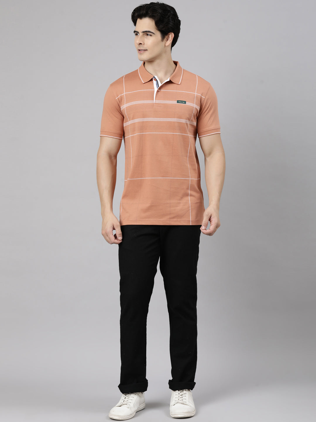Classic Polo Men's Half Sleeve Peach Polo Neck Slim Fit Striped Cotton T-Shirt | FP - 22 B SF P