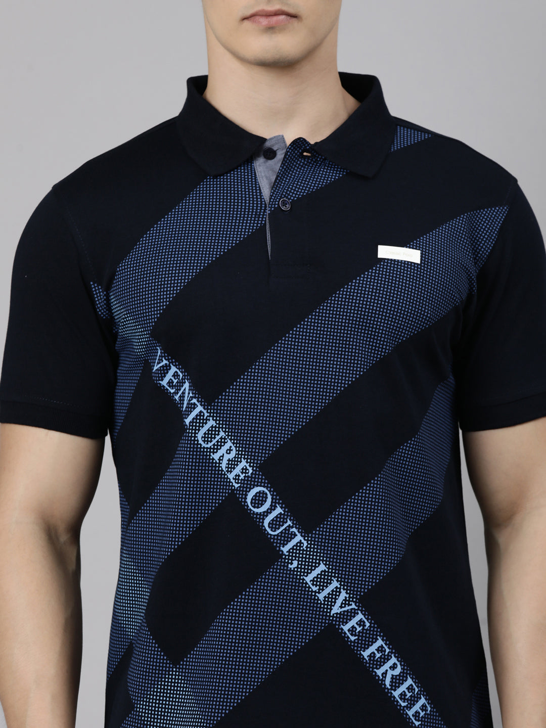 Classic Polo Men's Half Sleeve Navy Blue Polo Neck Slim Fit Printed Cotton Blend T-Shirt | LTS-FSH - 135 A SF P
