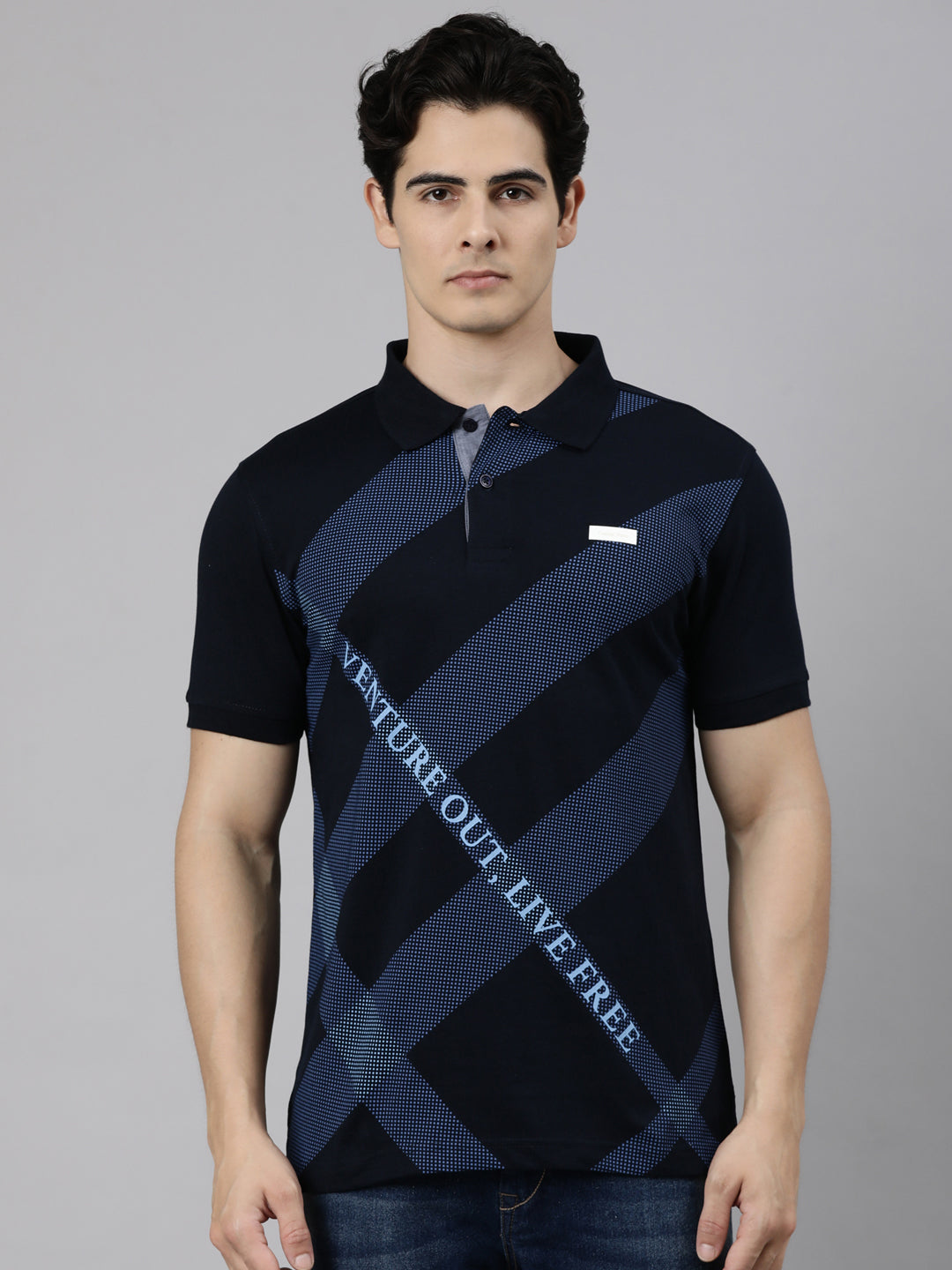 Classic Polo Men's Half Sleeve Navy Blue Polo Neck Slim Fit Printed Cotton Blend T-Shirt | LTS-FSH - 135 A SF P