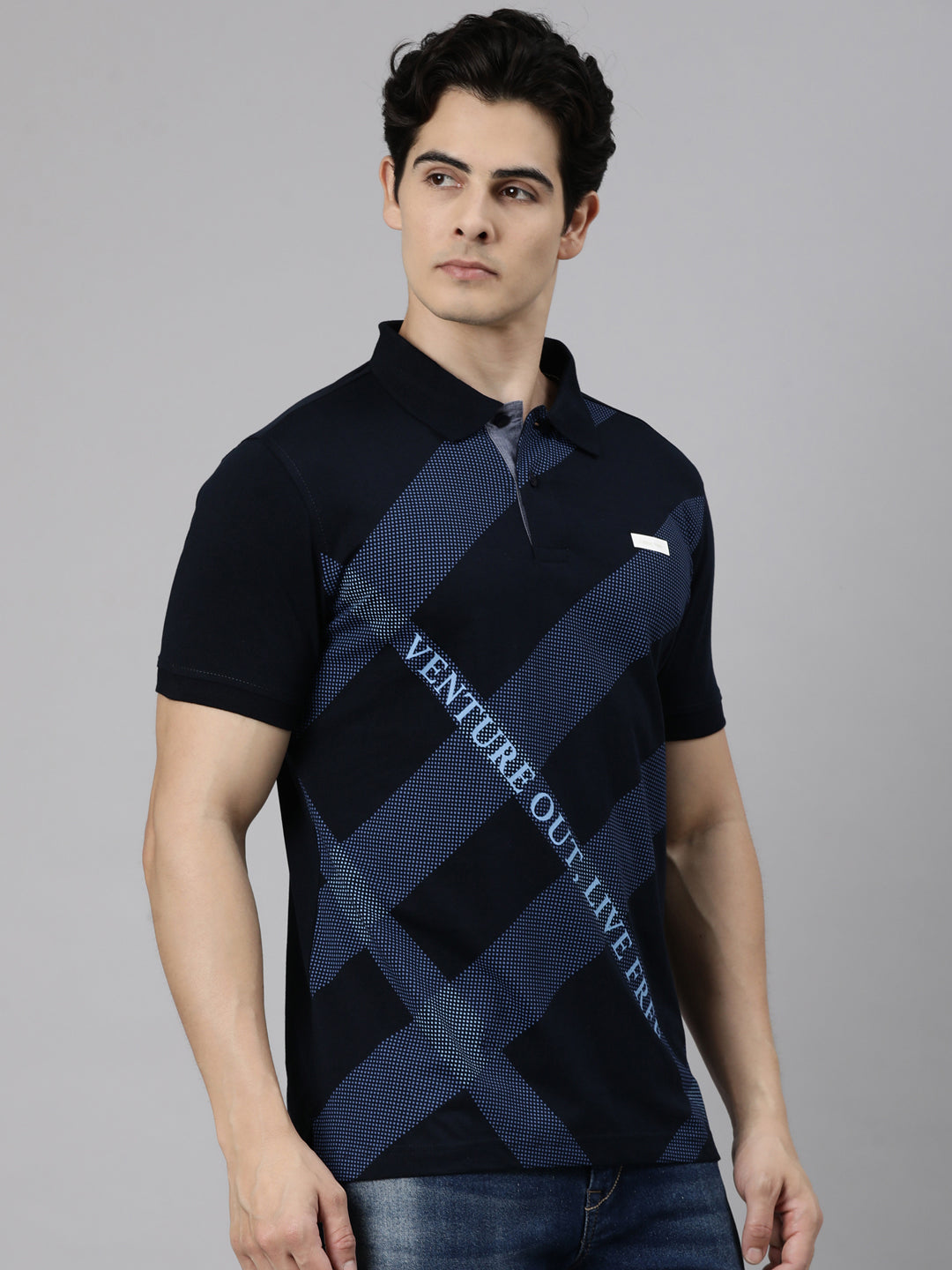 Classic Polo Men's Half Sleeve Navy Blue Polo Neck Slim Fit Printed Cotton Blend T-Shirt | LTS-FSH - 135 A SF P