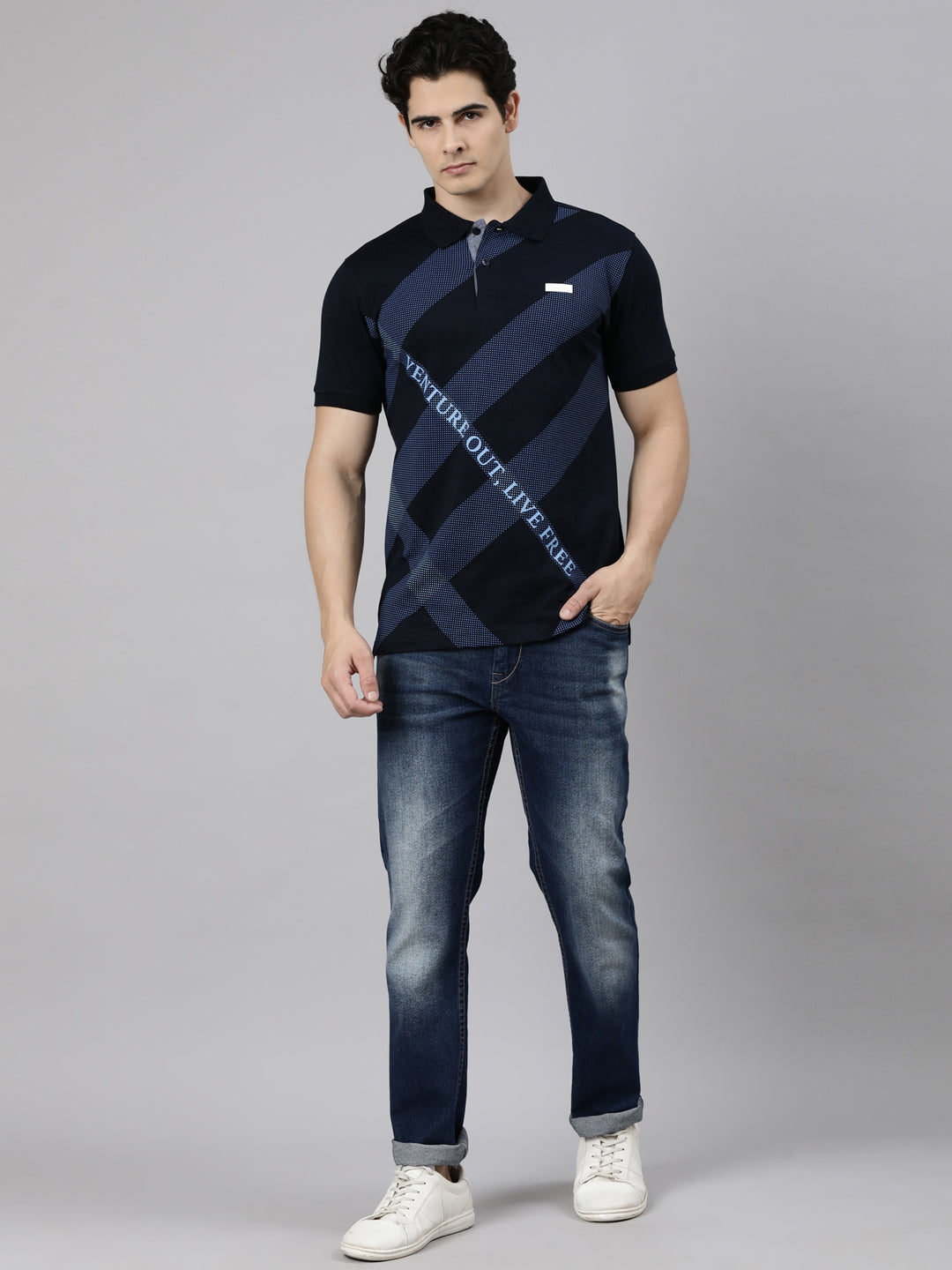 Classic Polo Men's Half Sleeve Navy Blue Polo Neck Slim Fit Printed Cotton Blend T-Shirt | LTS-FSH - 135 A SF P