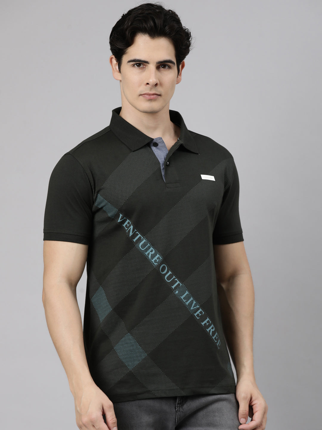 Classic Polo Men's Half Sleeve Charcoal Black Polo Neck Slim Fit Printed Cotton Blend T-Shirt | LTS-FSH - 135 B SF P