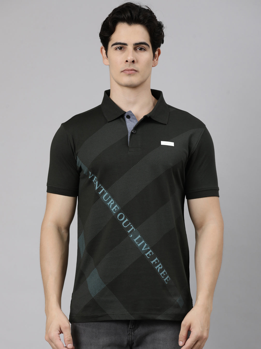 Classic Polo Men's Half Sleeve Charcoal Black Polo Neck Slim Fit Printed Cotton Blend T-Shirt | LTS-FSH - 135 B SF P