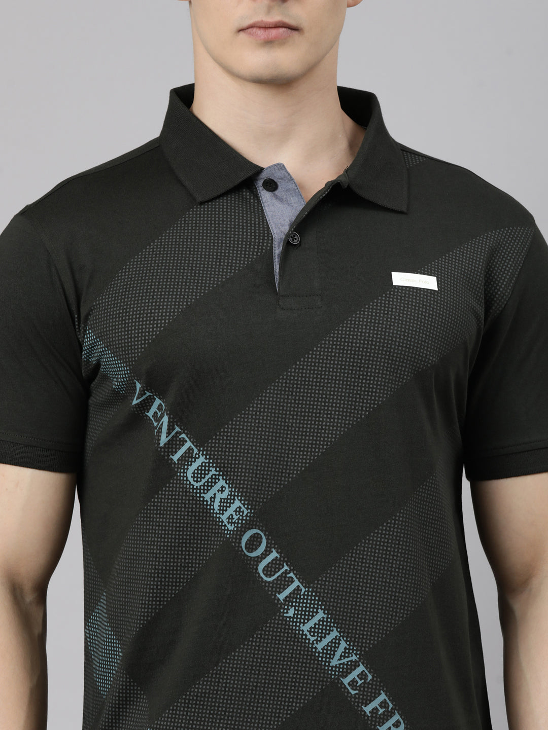 Classic Polo Men's Half Sleeve Charcoal Black Polo Neck Slim Fit Printed Cotton Blend T-Shirt | LTS-FSH - 135 B SF P
