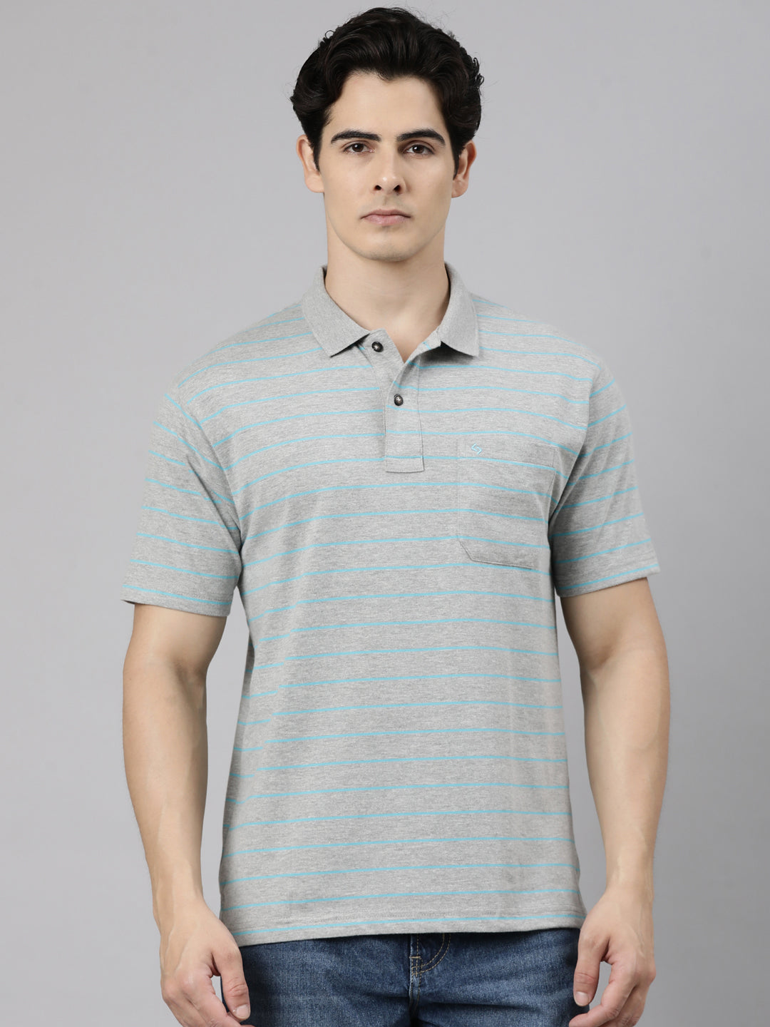 Classic Polo Men's Half Sleeve Grey Polo Neck Authentic Fit Striped Cotton Blend T-Shirt | LTS-STR - 104 A AF P