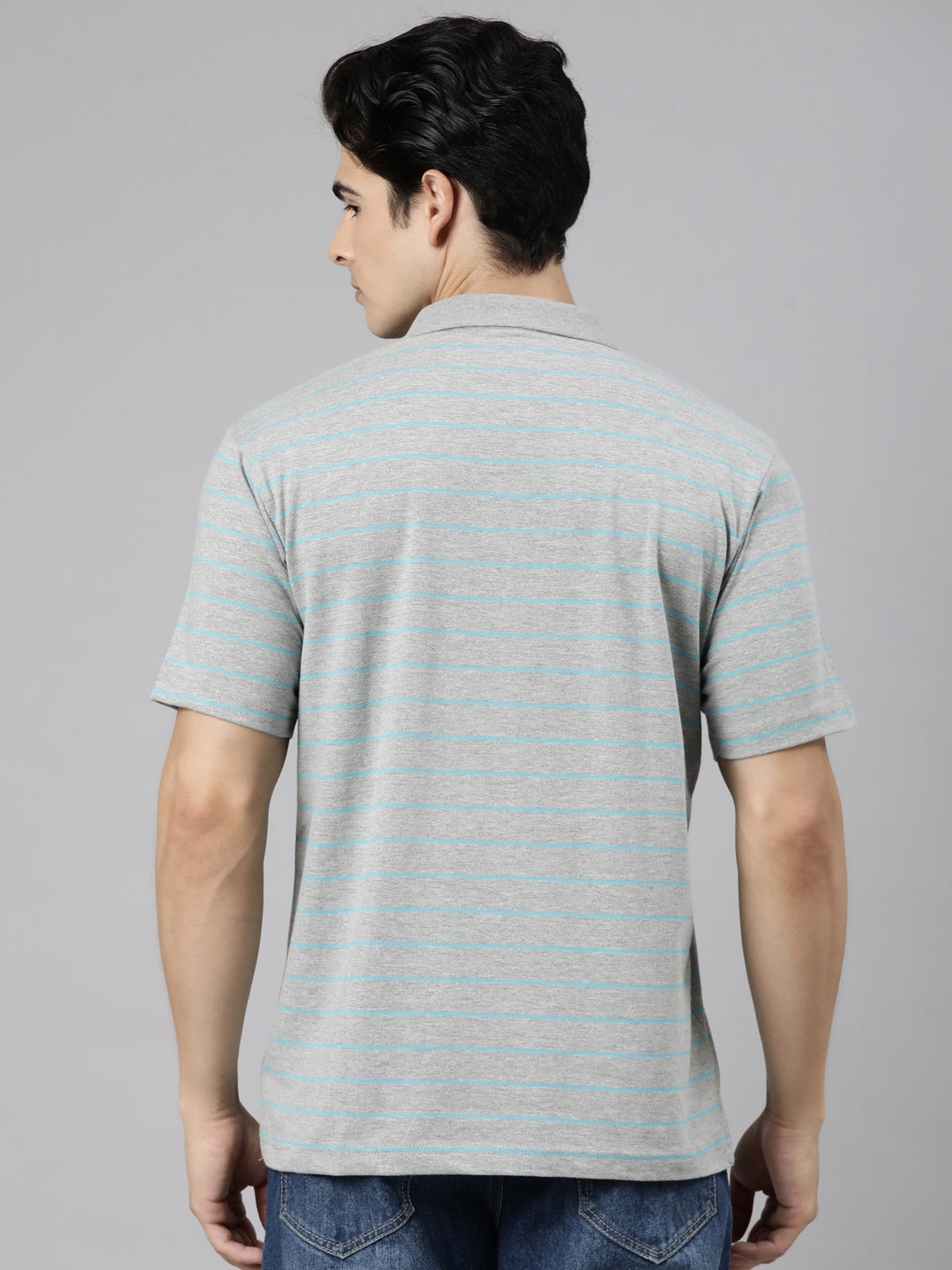 Classic Polo Men's Half Sleeve Grey Polo Neck Authentic Fit Striped Cotton Blend T-Shirt | LTS-STR - 104 A AF P