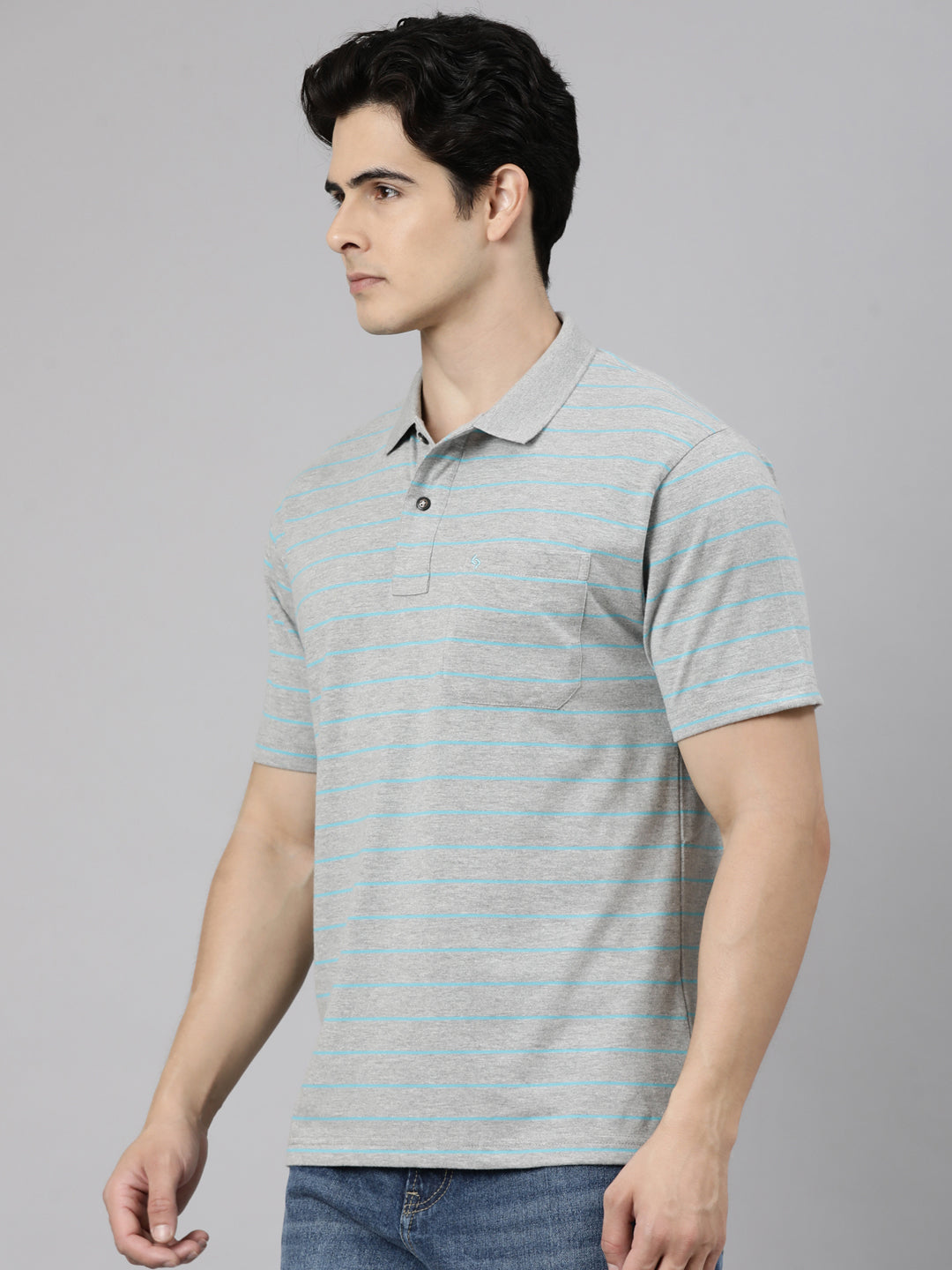 Classic Polo Men's Half Sleeve Grey Polo Neck Authentic Fit Striped Cotton Blend T-Shirt | LTS-STR - 104 A AF P