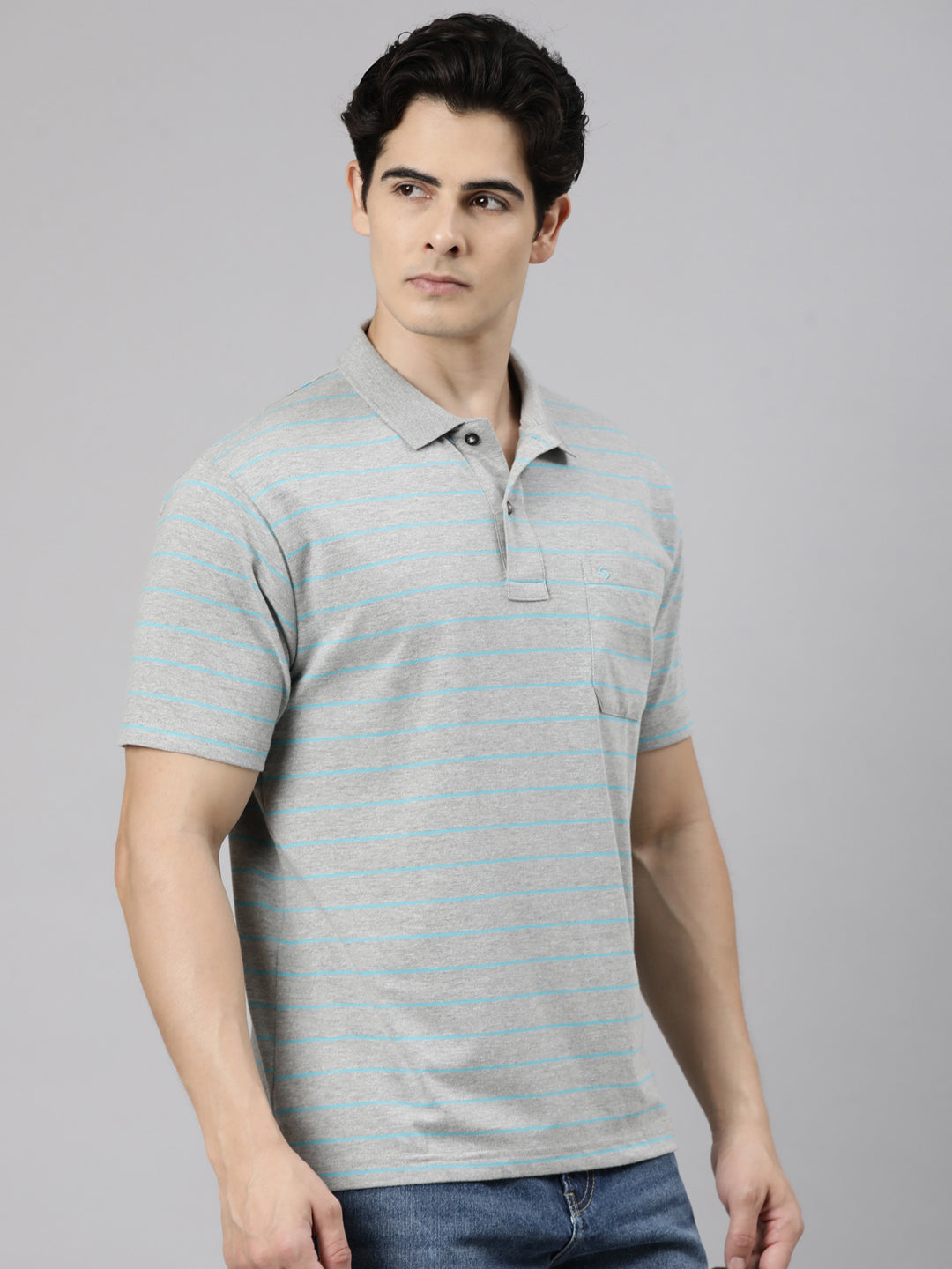 Classic Polo Men's Half Sleeve Grey Polo Neck Authentic Fit Striped Cotton Blend T-Shirt | LTS-STR - 104 A AF P
