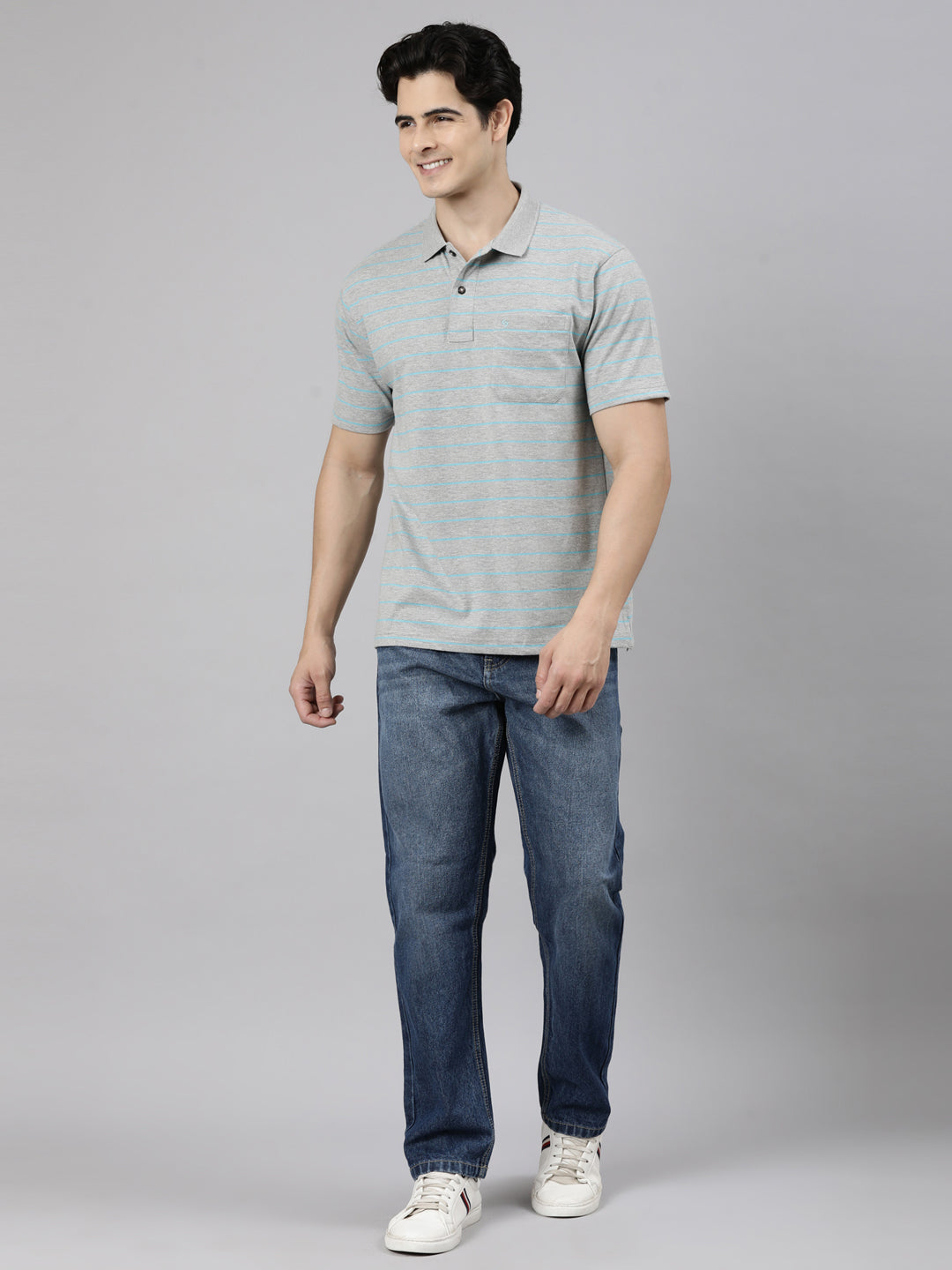 Classic Polo Men's Half Sleeve Grey Polo Neck Authentic Fit Striped Cotton Blend T-Shirt | LTS-STR - 104 A AF P