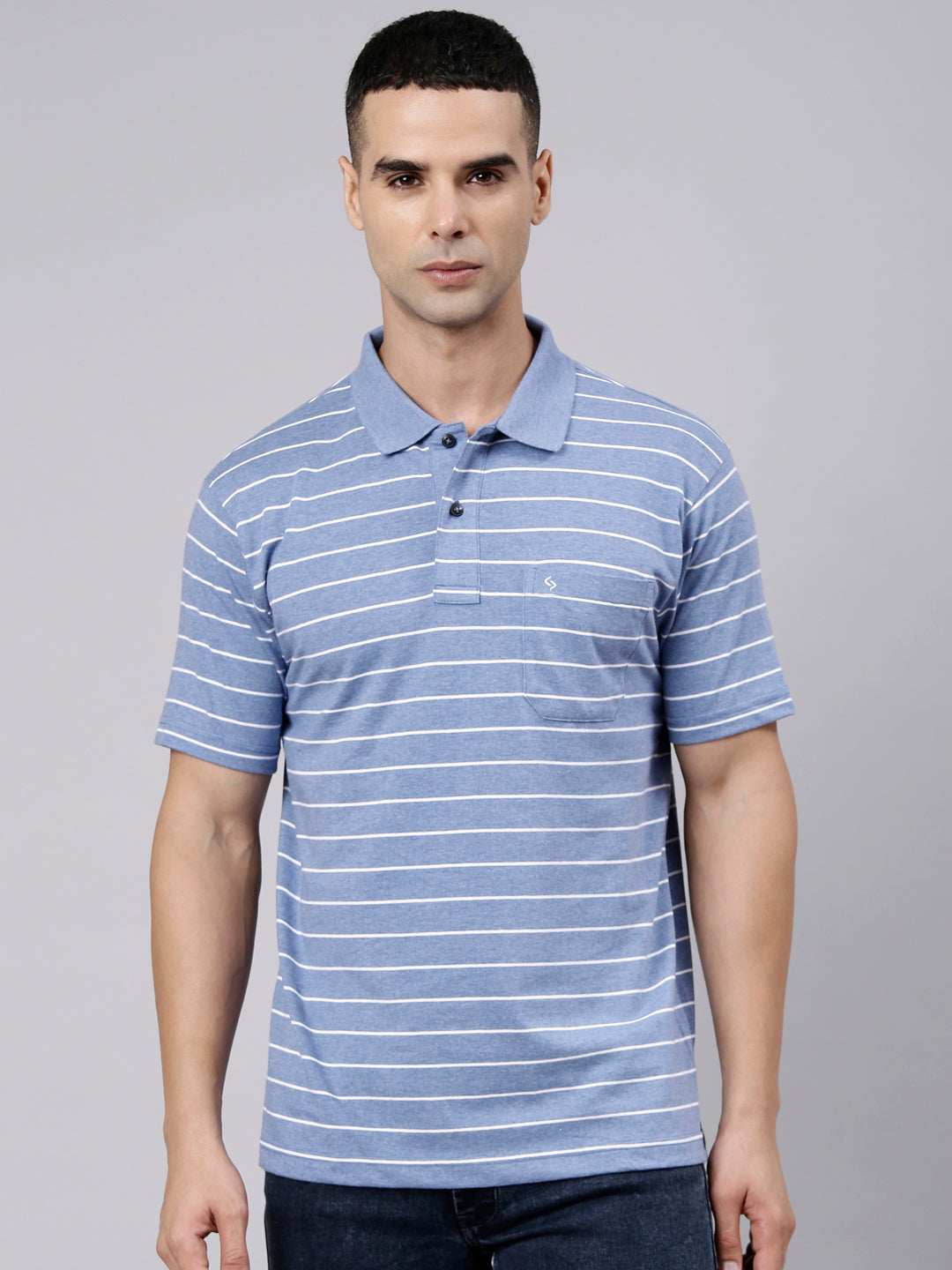 Classic Polo Men's Half Sleeve Blue Melange Polo Neck Authentic Fit Striped Cotton Blend T-Shirt | LTS-STR - 104 B AF P