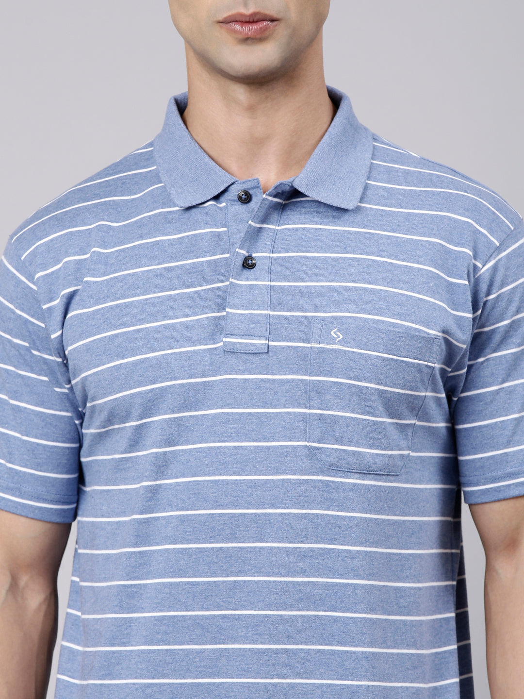 Classic Polo Men's Half Sleeve Blue Melange Polo Neck Authentic Fit Striped Cotton Blend T-Shirt | LTS-STR - 104 B AF P