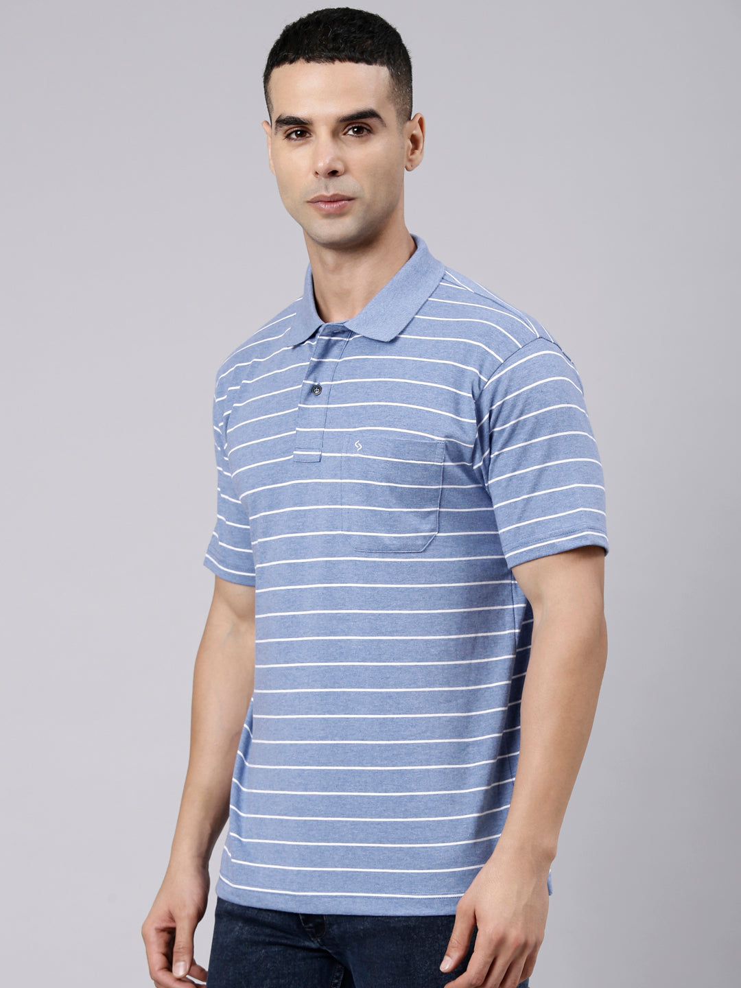 Classic Polo Men's Half Sleeve Blue Melange Polo Neck Authentic Fit Striped Cotton Blend T-Shirt | LTS-STR - 104 B AF P