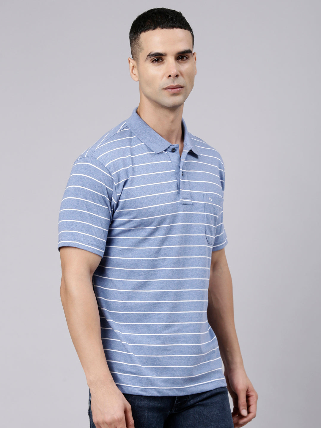 Classic Polo Men's Half Sleeve Blue Melange Polo Neck Authentic Fit Striped Cotton Blend T-Shirt | LTS-STR - 104 B AF P