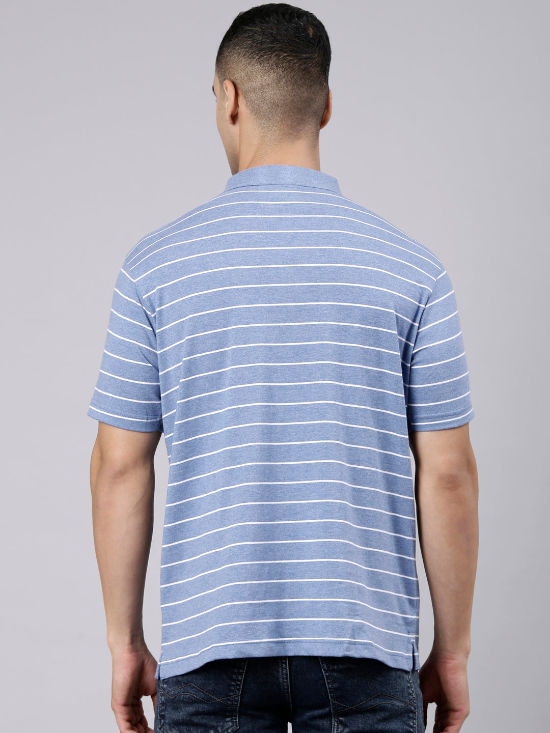 Classic Polo Men's Half Sleeve Blue Melange Polo Neck Authentic Fit Striped Cotton Blend T-Shirt | LTS-STR - 104 B AF P