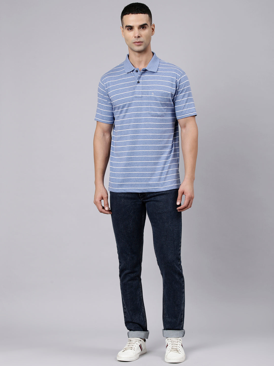 Classic Polo Men's Half Sleeve Blue Melange Polo Neck Authentic Fit Striped Cotton Blend T-Shirt | LTS-STR - 104 B AF P