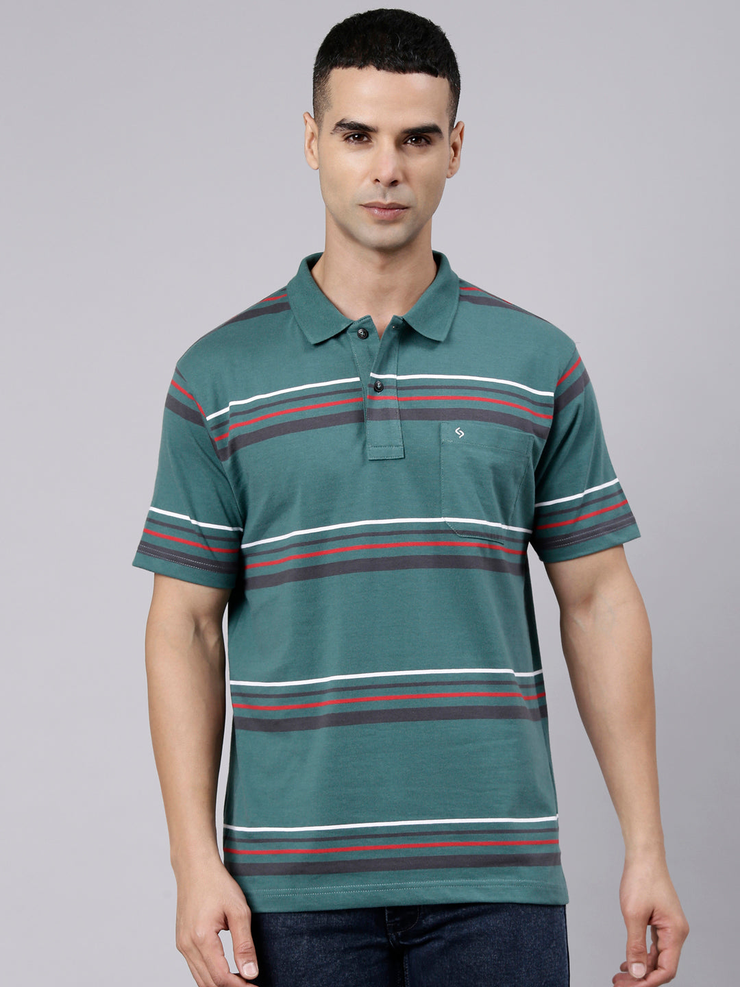 Classic Polo Men's Half Sleeve Dark Green Polo Neck Authentic Fit Striped Cotton Blend T-Shirt | LTS-STR - 108 A AF P