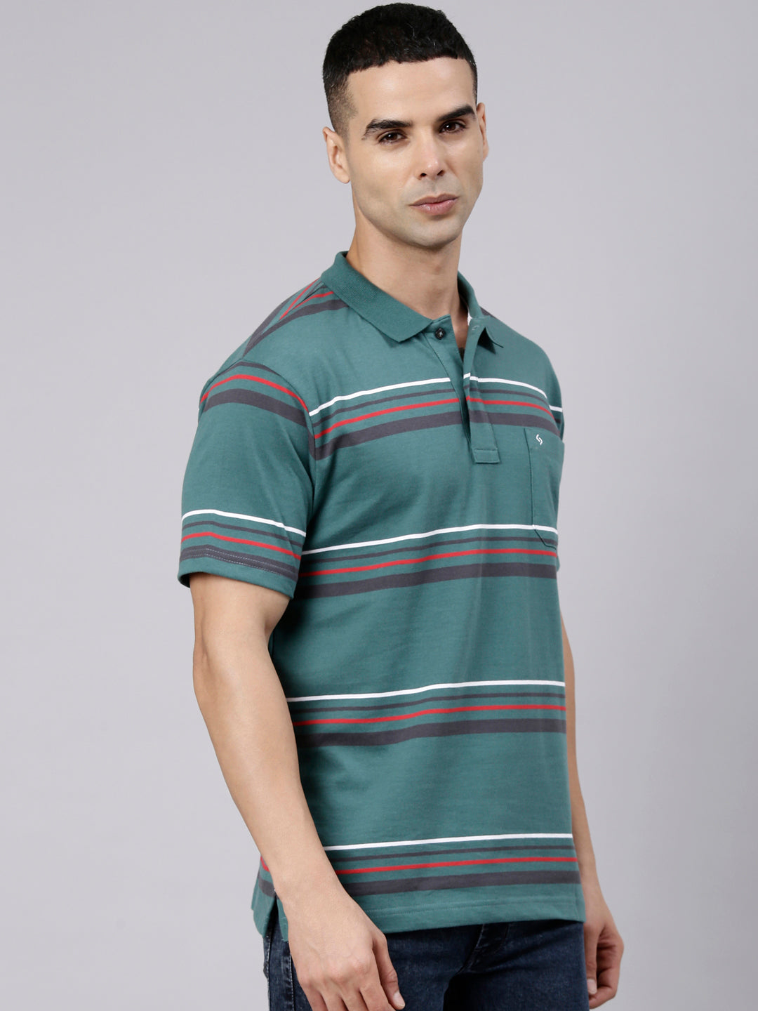 Classic Polo Men's Half Sleeve Dark Green Polo Neck Authentic Fit Striped Cotton Blend T-Shirt | LTS-STR - 108 A AF P