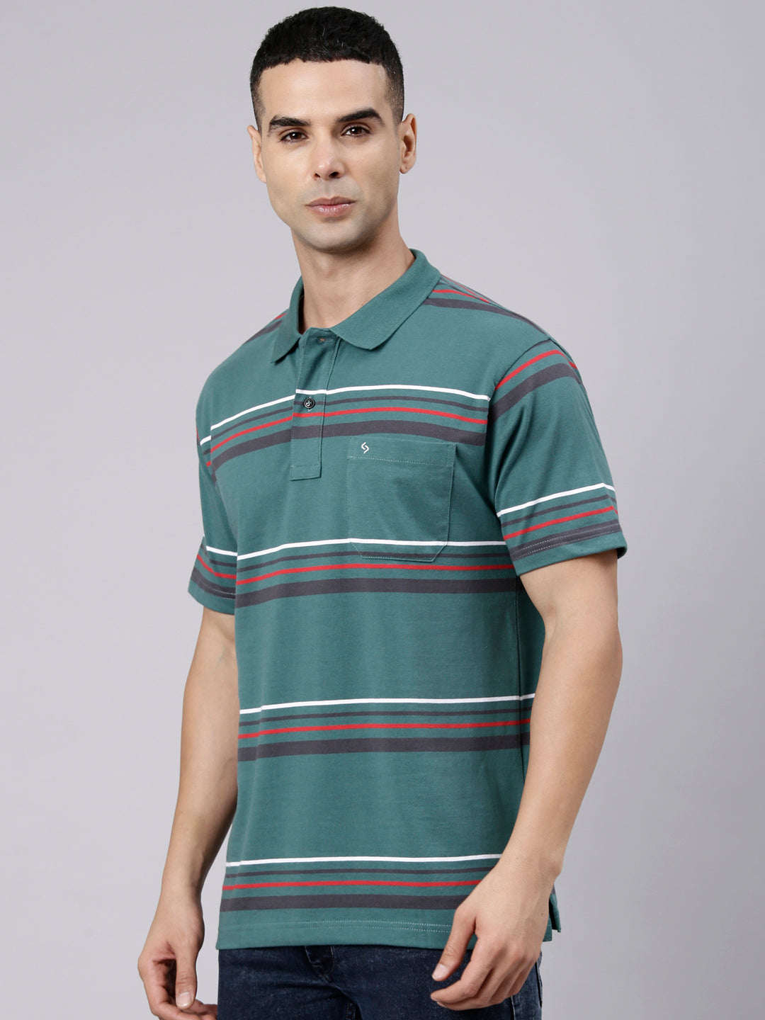 Classic Polo Men's Half Sleeve Dark Green Polo Neck Authentic Fit Striped Cotton Blend T-Shirt | LTS-STR - 108 A AF P