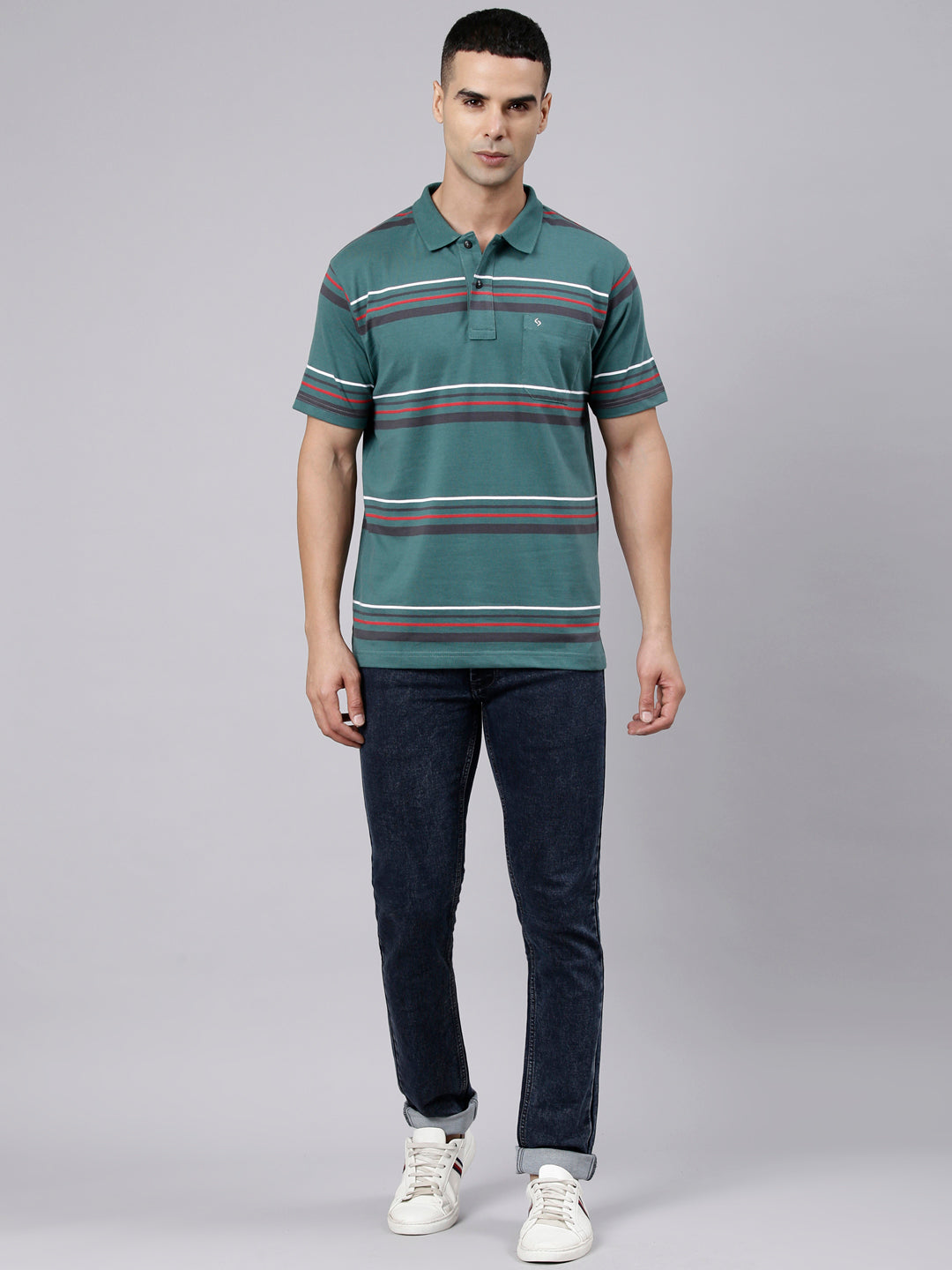 Classic Polo Men's Half Sleeve Dark Green Polo Neck Authentic Fit Striped Cotton Blend T-Shirt | LTS-STR - 108 A AF P