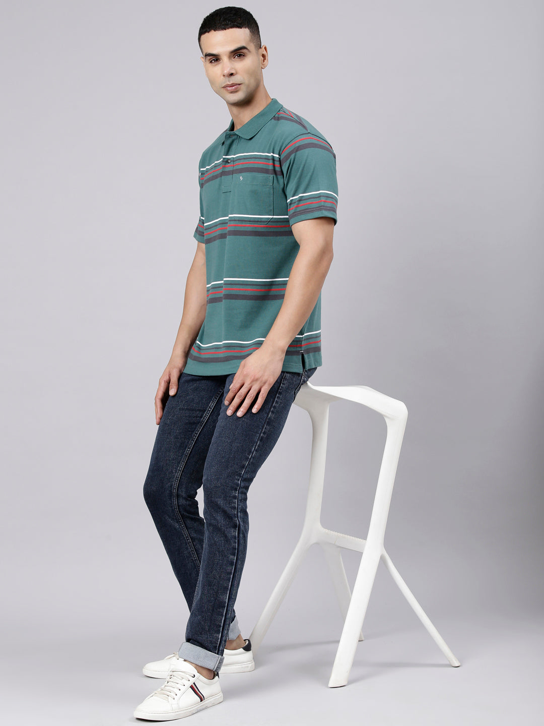 Classic Polo Men's Half Sleeve Dark Green Polo Neck Authentic Fit Striped Cotton Blend T-Shirt | LTS-STR - 108 A AF P
