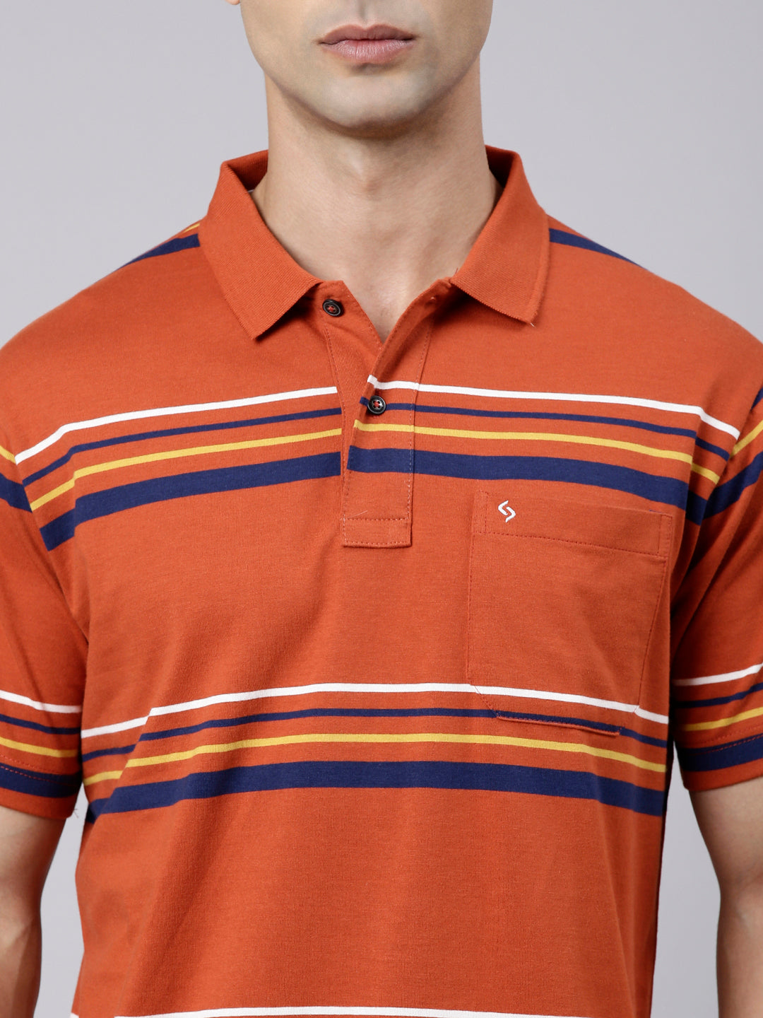 Classic Polo Men's Half Sleeve Rust Polo Neck Authentic Fit Striped Cotton Blend T-Shirt | LTS-STR - 108 B AF P