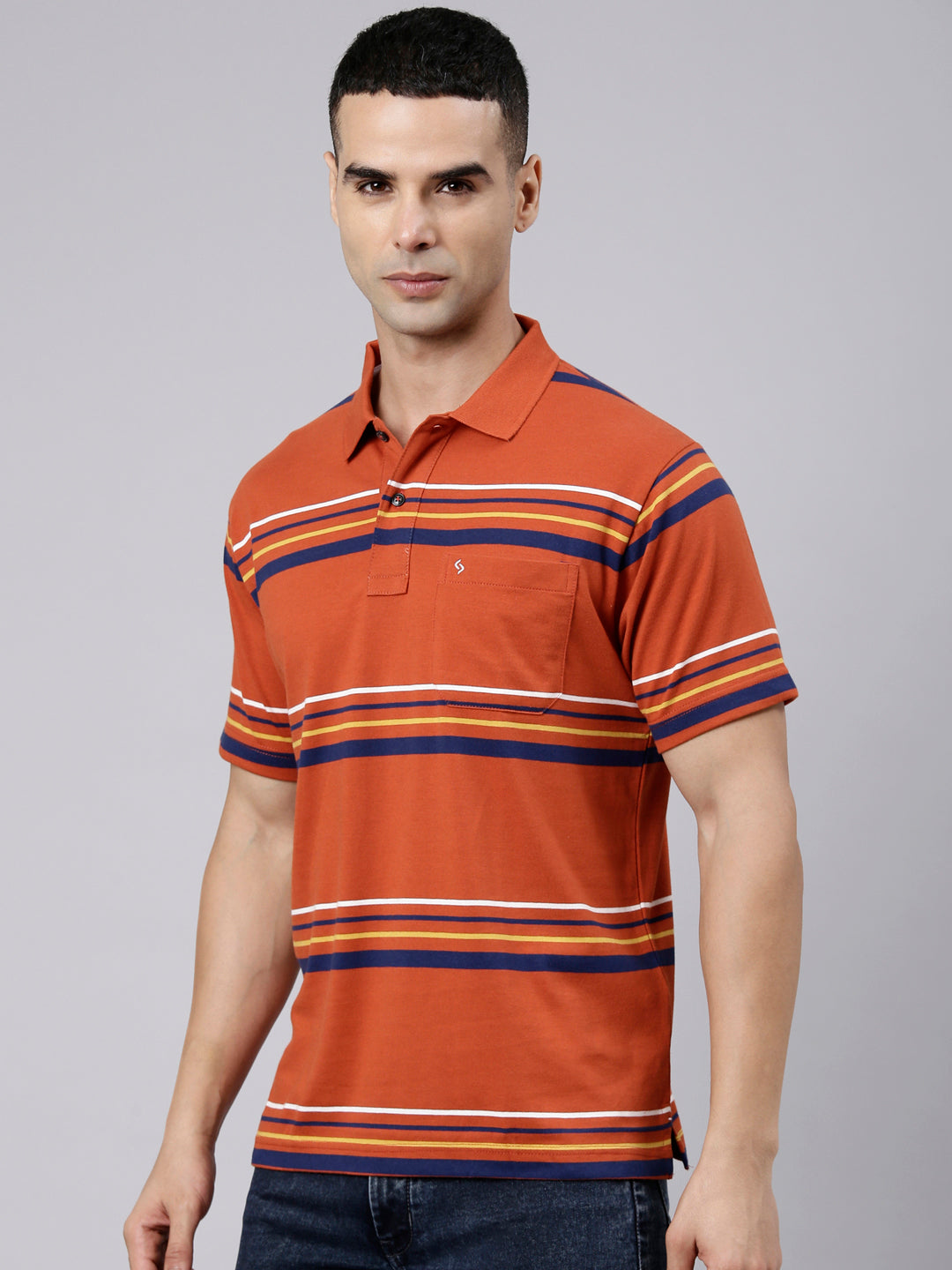 Classic Polo Men's Half Sleeve Rust Polo Neck Authentic Fit Striped Cotton Blend T-Shirt | LTS-STR - 108 B AF P