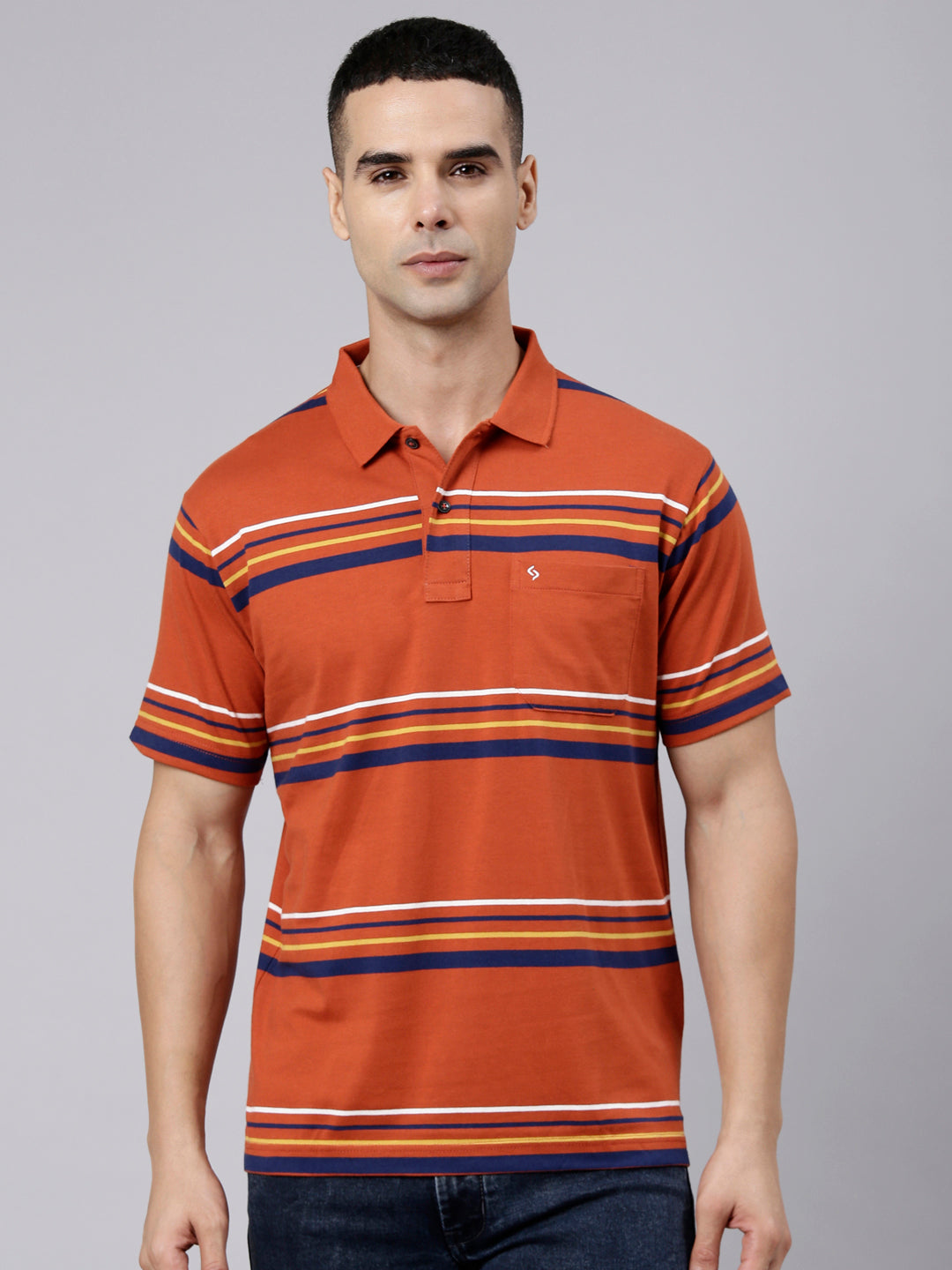 Classic Polo Men's Half Sleeve Rust Polo Neck Authentic Fit Striped Cotton Blend T-Shirt | LTS-STR - 108 B AF P