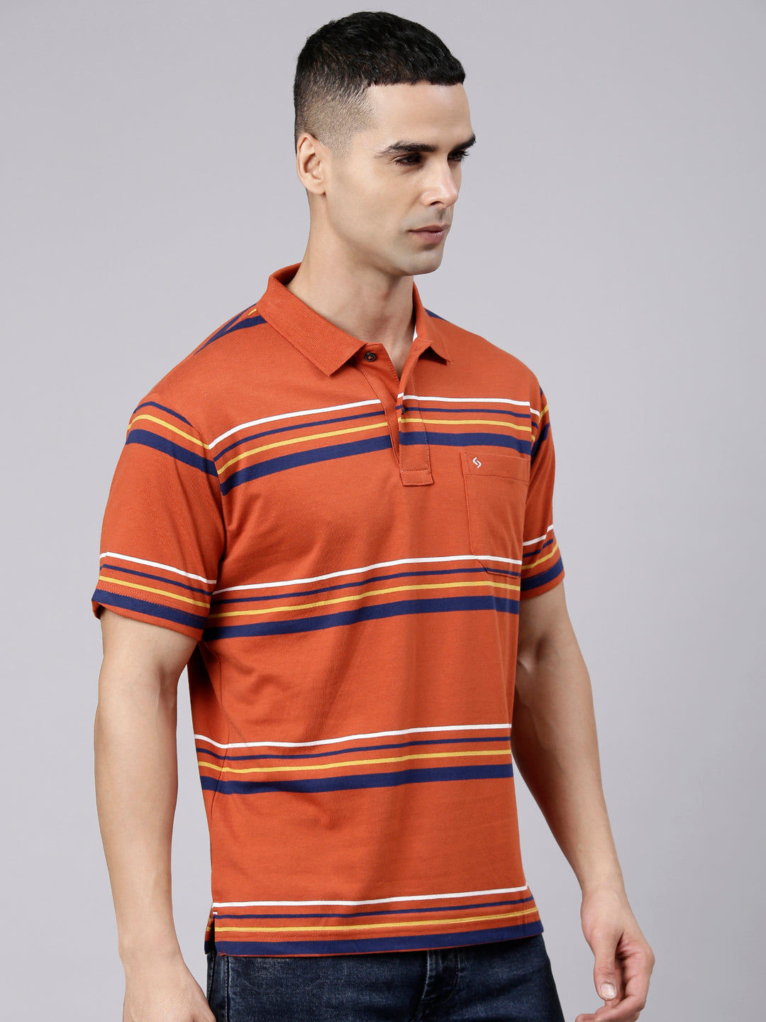 Classic Polo Men's Half Sleeve Rust Polo Neck Authentic Fit Striped Cotton Blend T-Shirt | LTS-STR - 108 B AF P
