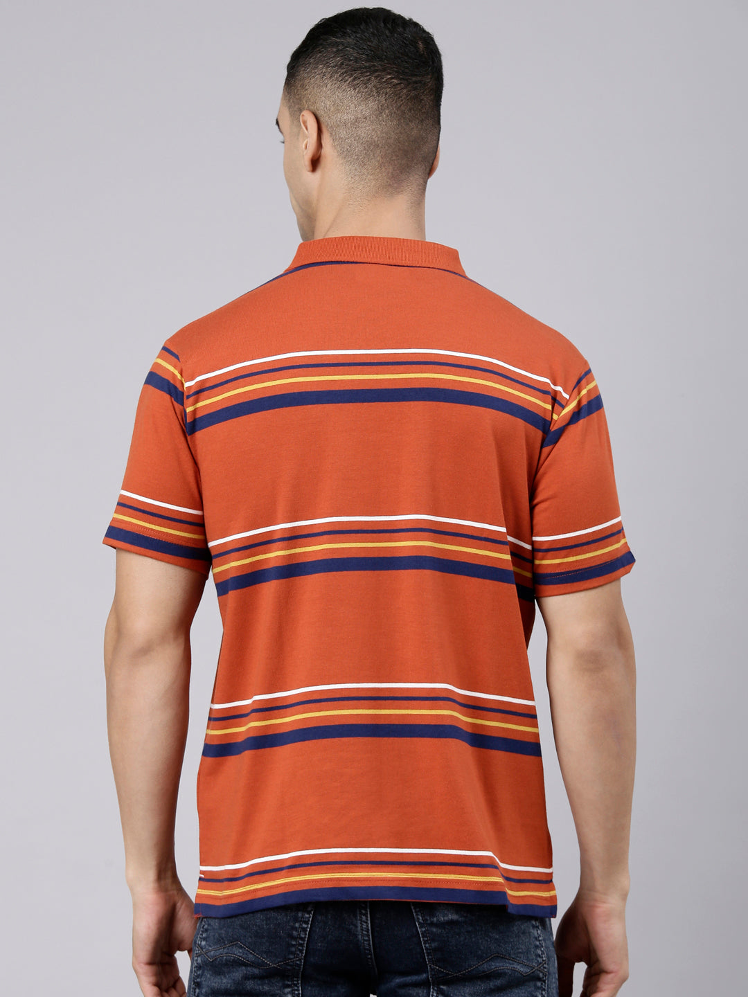 Classic Polo Men's Half Sleeve Rust Polo Neck Authentic Fit Striped Cotton Blend T-Shirt | LTS-STR - 108 B AF P