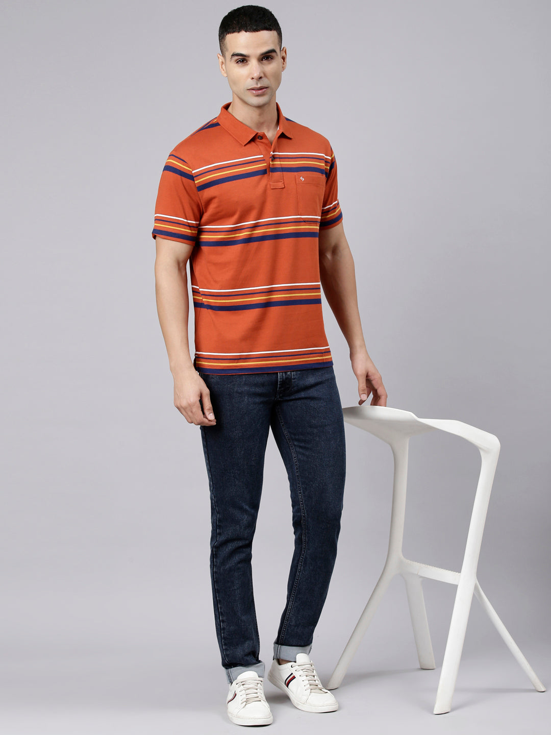 Classic Polo Men's Half Sleeve Rust Polo Neck Authentic Fit Striped Cotton Blend T-Shirt | LTS-STR - 108 B AF P