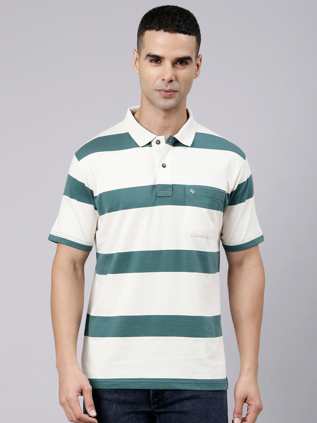 Classic Polo Men's Half Sleeve White Polo Neck Authentic Fit Striped Cotton Blend T-Shirt | LTS-STR - 109 A AF P