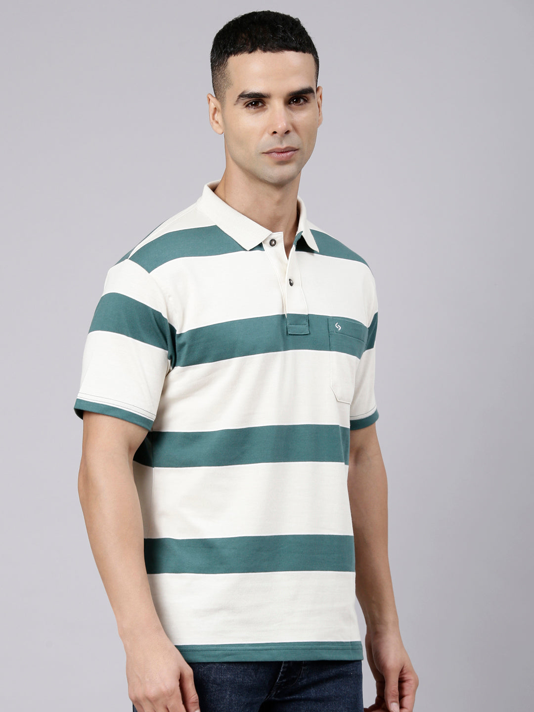 Classic Polo Men's Half Sleeve White Polo Neck Authentic Fit Striped Cotton Blend T-Shirt | LTS-STR - 109 A AF P