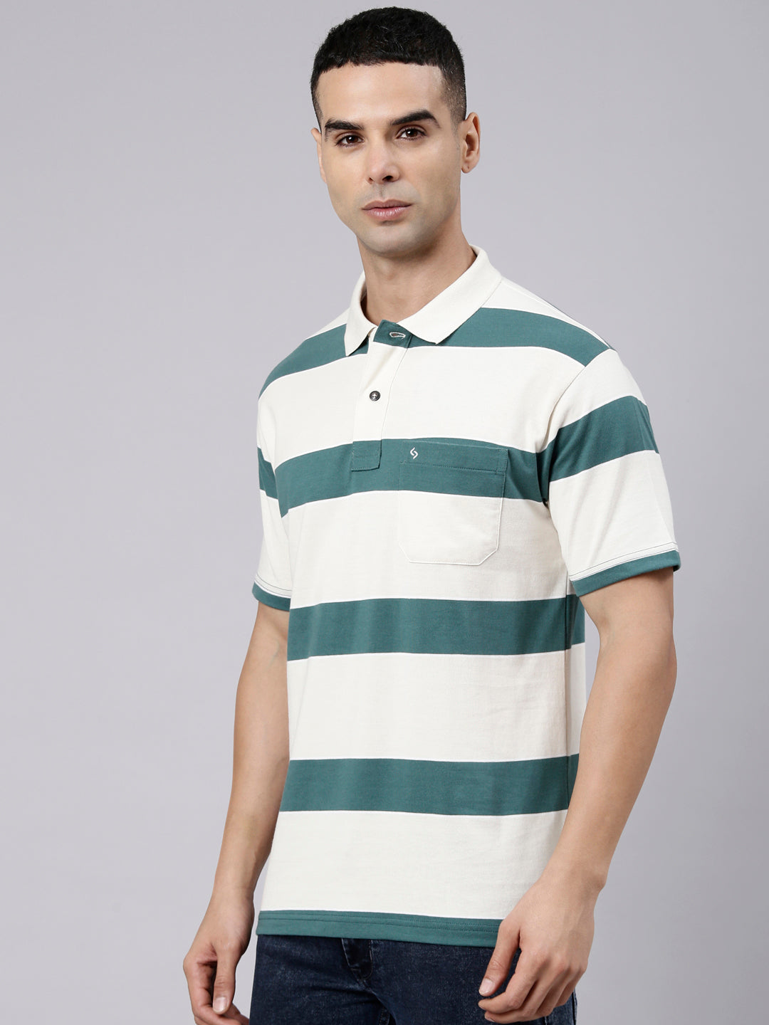 Classic Polo Men's Half Sleeve White Polo Neck Authentic Fit Striped Cotton Blend T-Shirt | LTS-STR - 109 A AF P