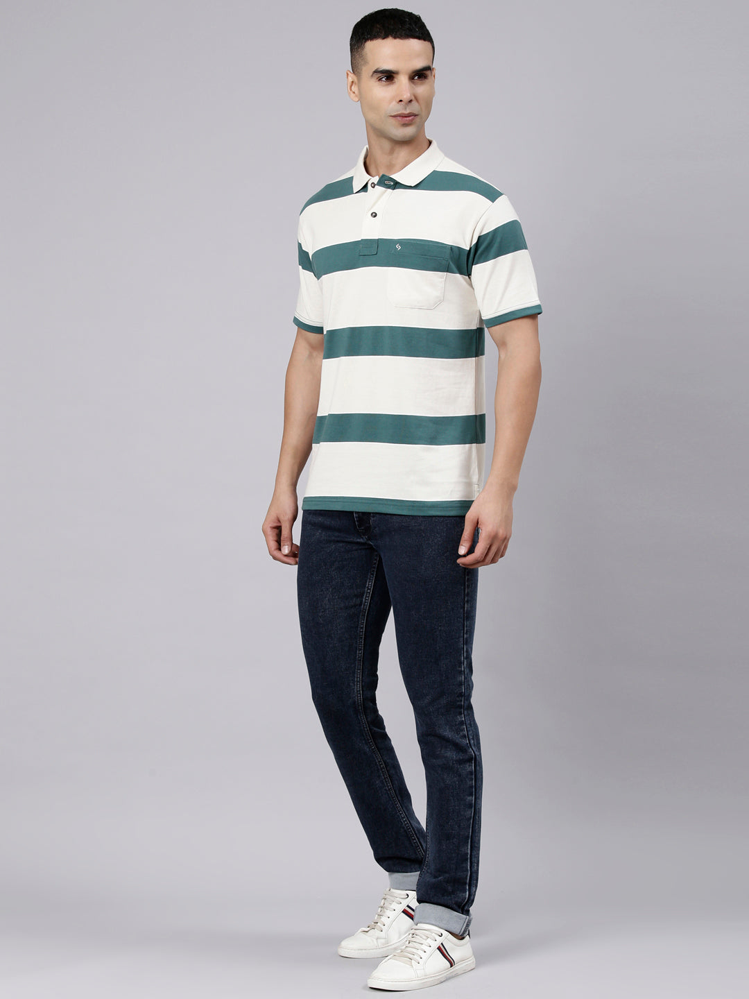 Classic Polo Men's Half Sleeve White Polo Neck Authentic Fit Striped Cotton Blend T-Shirt | LTS-STR - 109 A AF P
