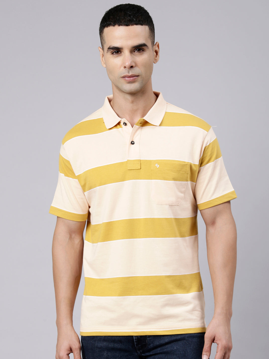 Classic Polo Men's Half Sleeve Light Orange Polo Neck Authentic Fit Striped Cotton Blend T-Shirt | LTS-STR - 109 B AF P