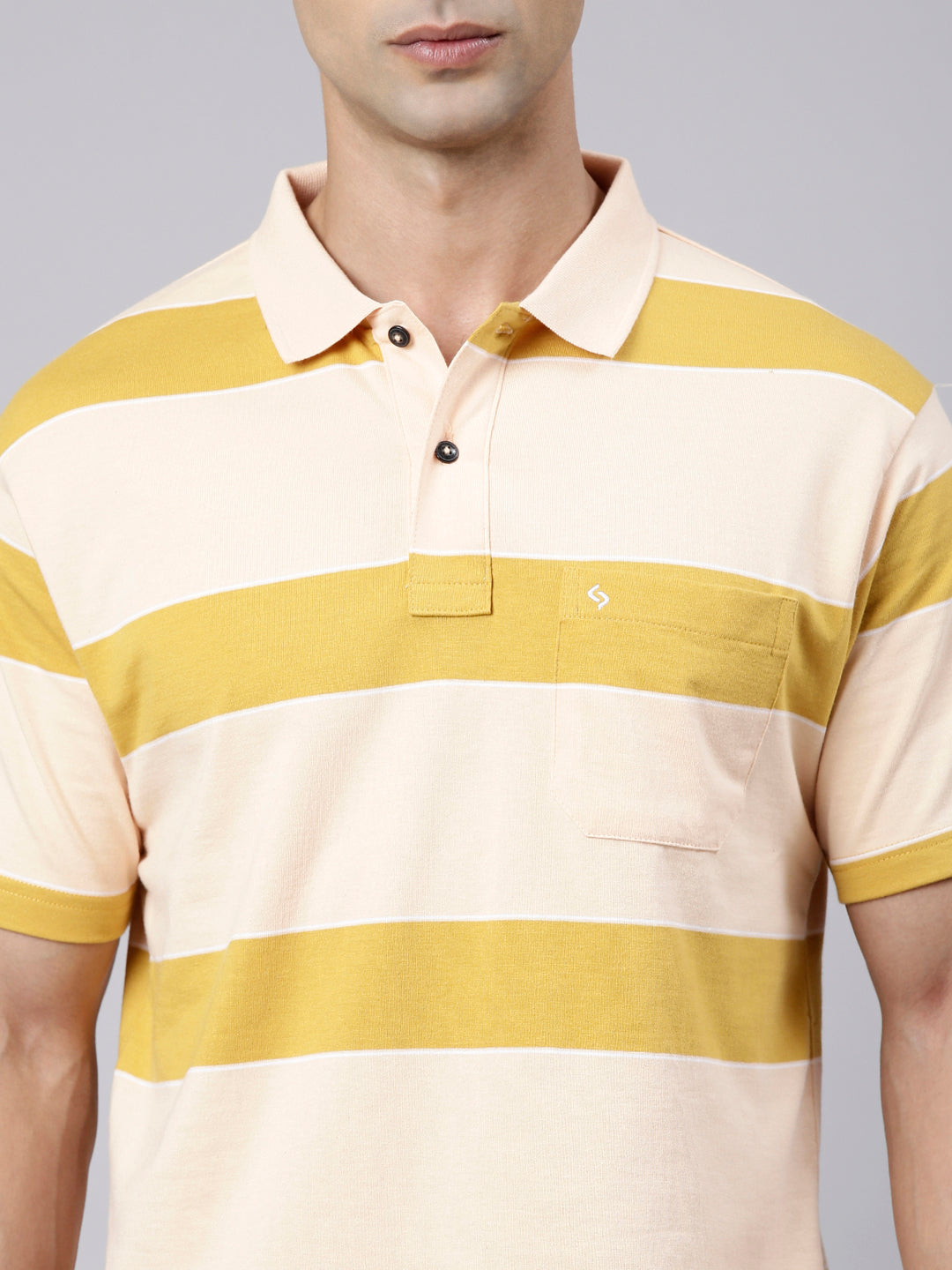 Classic Polo Men's Half Sleeve Light Orange Polo Neck Authentic Fit Striped Cotton Blend T-Shirt | LTS-STR - 109 B AF P