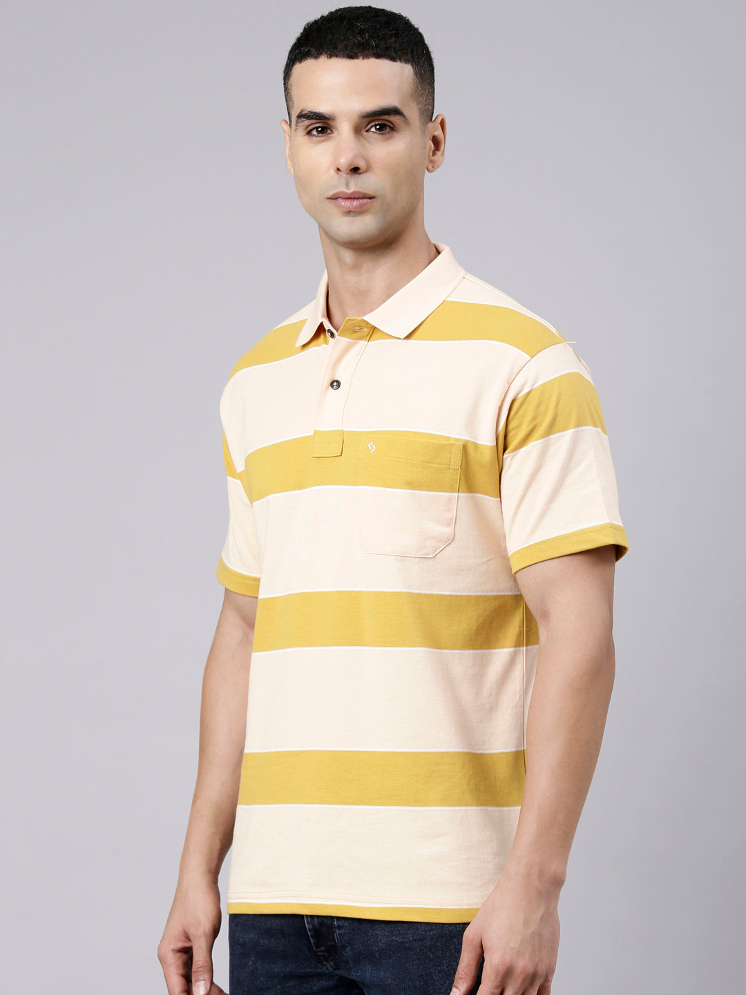 Classic Polo Men's Half Sleeve Light Orange Polo Neck Authentic Fit Striped Cotton Blend T-Shirt | LTS-STR - 109 B AF P