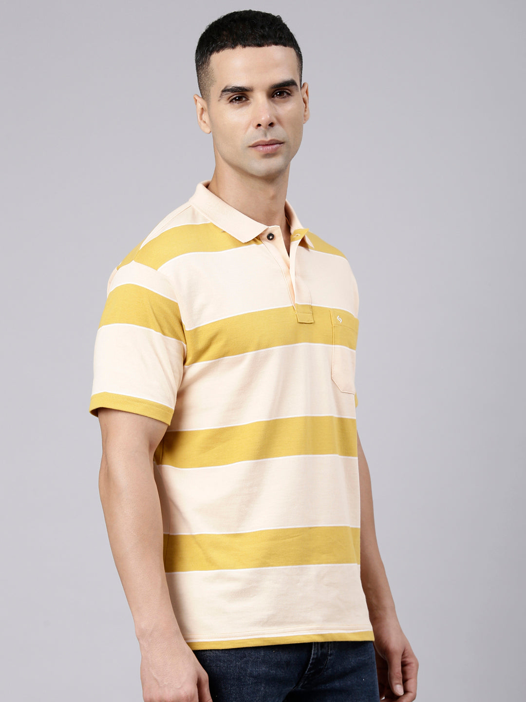 Classic Polo Men's Half Sleeve Light Orange Polo Neck Authentic Fit Striped Cotton Blend T-Shirt | LTS-STR - 109 B AF P