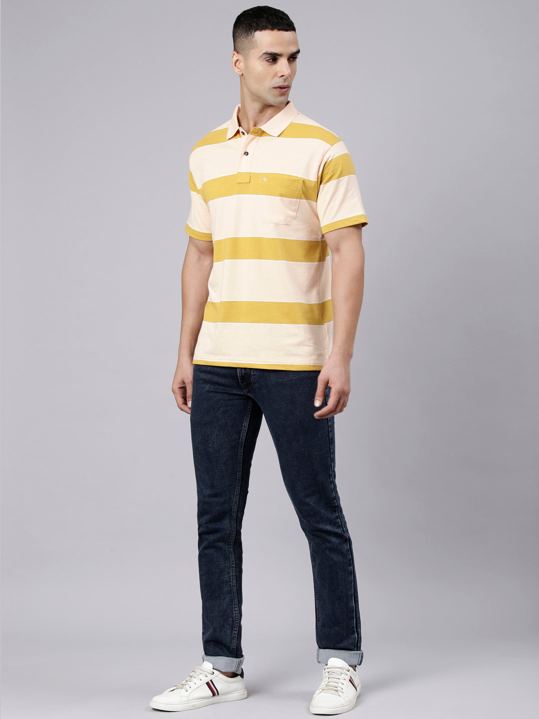 Classic Polo Men's Half Sleeve Light Orange Polo Neck Authentic Fit Striped Cotton Blend T-Shirt | LTS-STR - 109 B AF P