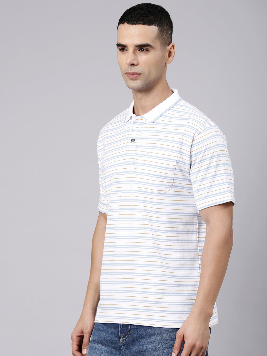 Classic Polo Men's Half Sleeve White Polo Neck Authentic Fit Striped Cotton Blend T-Shirt | LTS-STR - 110 A AF P