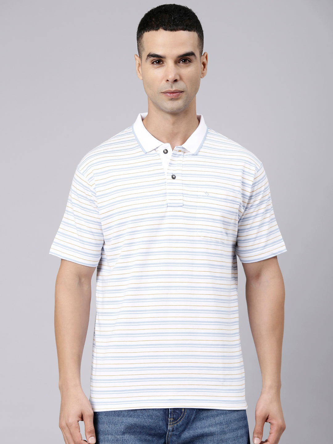 Classic Polo Men's Half Sleeve White Polo Neck Authentic Fit Striped Cotton Blend T-Shirt | LTS-STR - 110 A AF P