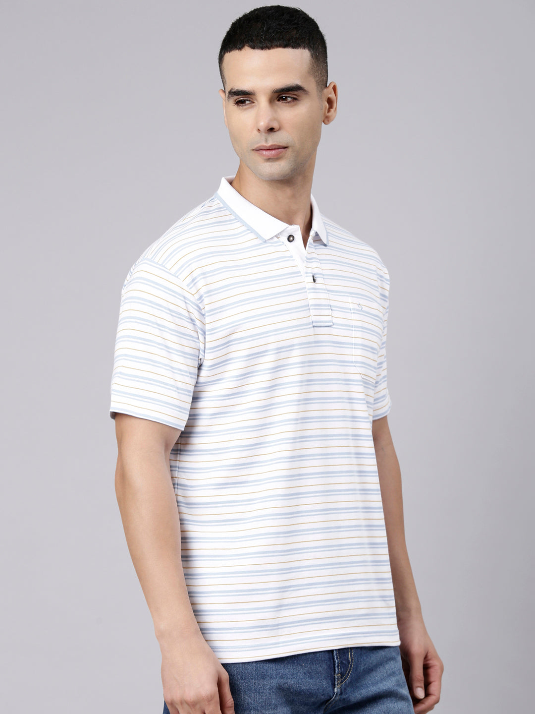Classic Polo Men's Half Sleeve White Polo Neck Authentic Fit Striped Cotton Blend T-Shirt | LTS-STR - 110 A AF P
