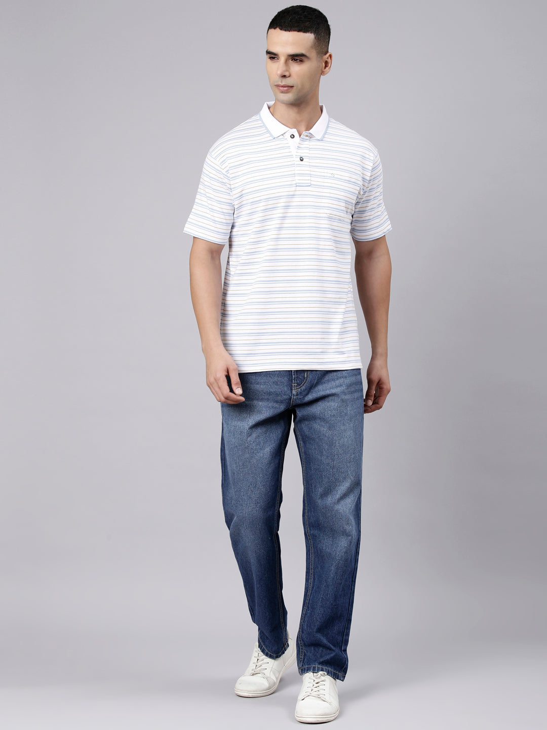 Classic Polo Men's Half Sleeve White Polo Neck Authentic Fit Striped Cotton Blend T-Shirt | LTS-STR - 110 A AF P