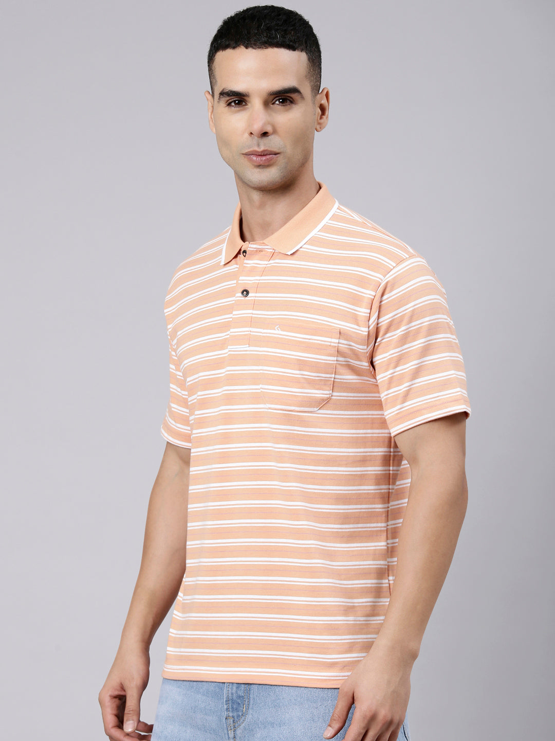 Classic Polo Men's Half Sleeve Orange Polo Neck Authentic Fit Striped Cotton Blend T-Shirt | LTS-STR - 110 B AF P