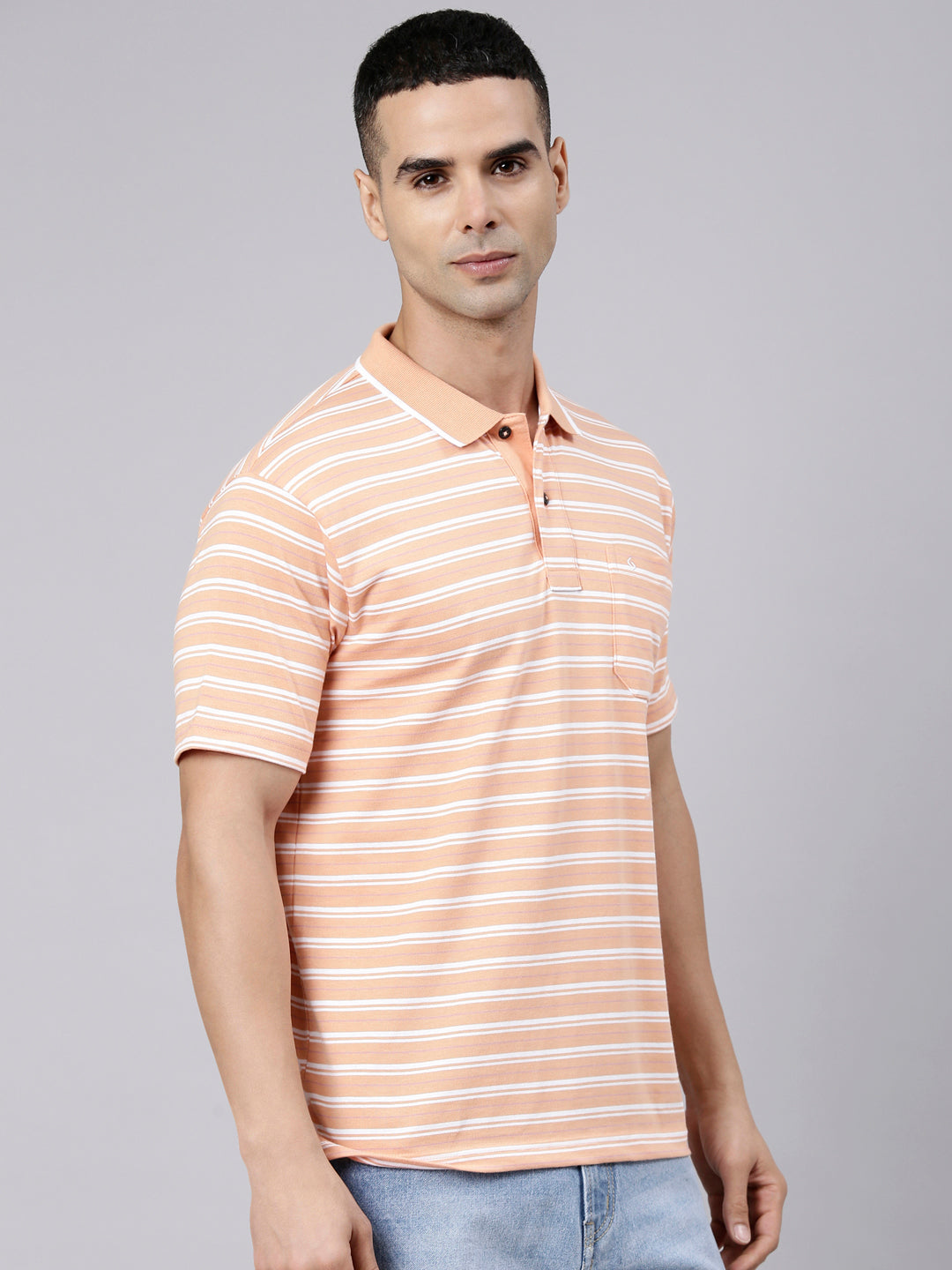 Classic Polo Men's Half Sleeve Orange Polo Neck Authentic Fit Striped Cotton Blend T-Shirt | LTS-STR - 110 B AF P