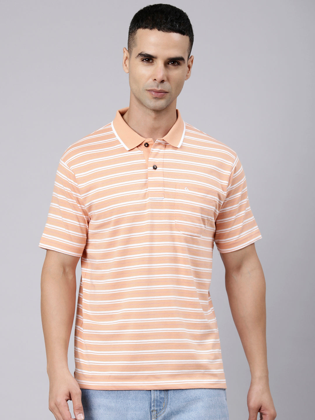 Classic Polo Men's Half Sleeve Orange Polo Neck Authentic Fit Striped Cotton Blend T-Shirt | LTS-STR - 110 B AF P