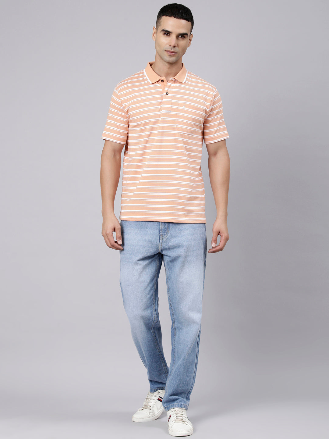 Classic Polo Men's Half Sleeve Orange Polo Neck Authentic Fit Striped Cotton Blend T-Shirt | LTS-STR - 110 B AF P